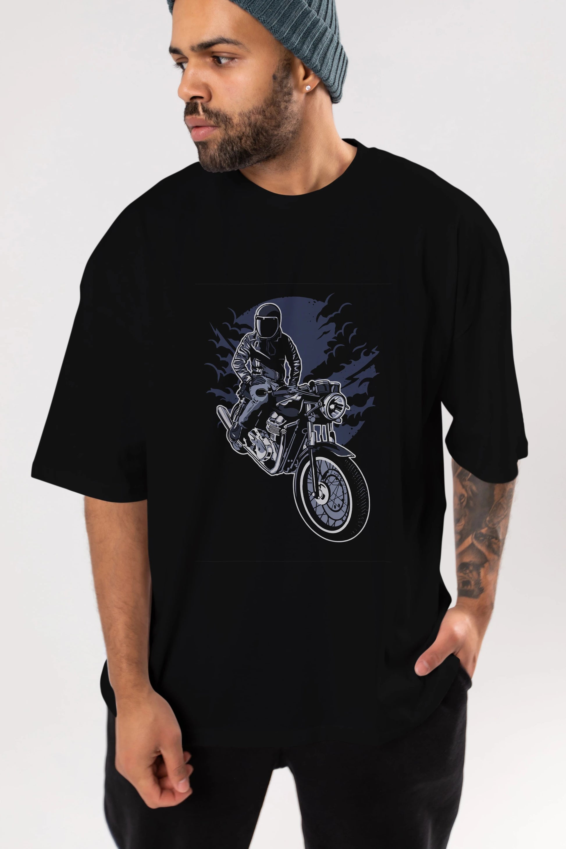 Night Rider Ön Baskılı Oversize t-shirt Erkek Kadın Unisex %100 Pamuk tişort