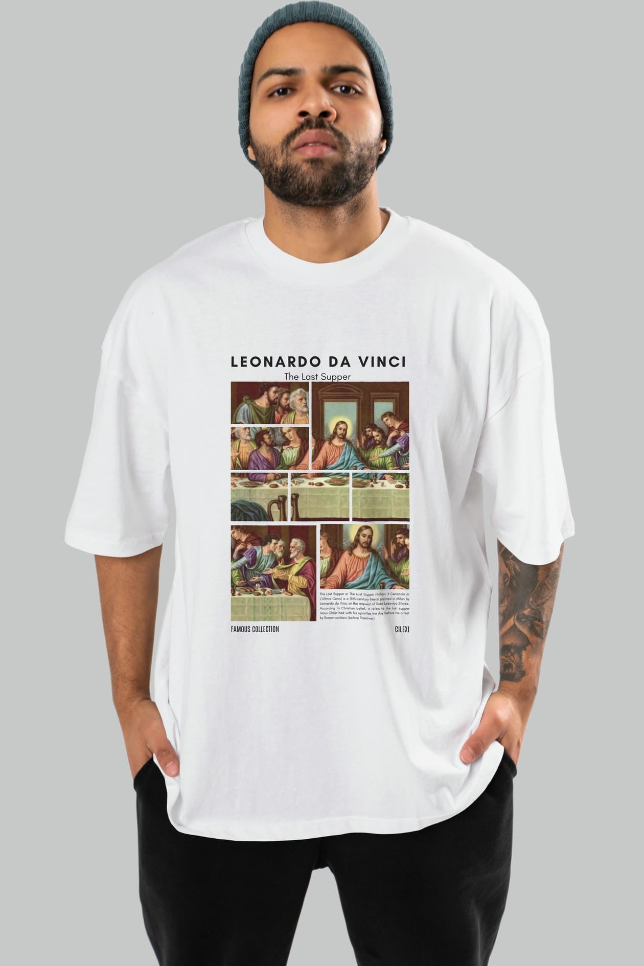 Leonardo Da Vinci ön Baskılı Oversize t-shirt Erkek Kadın Bisiklet Yaka Pamuk tişort