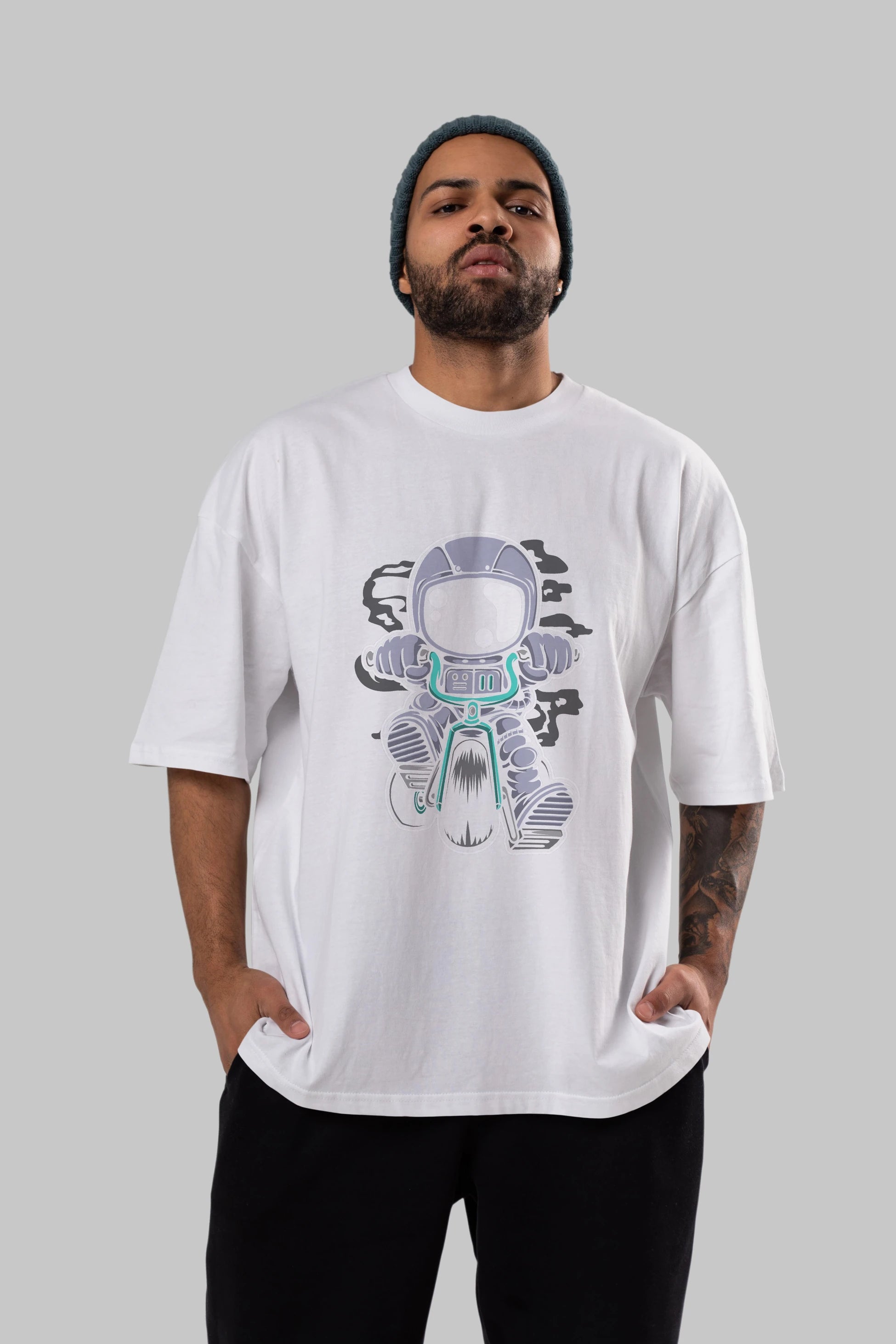 Astronaut Biker Ön Baskılı Oversize t-shirt Erkek Kadın Unisex
