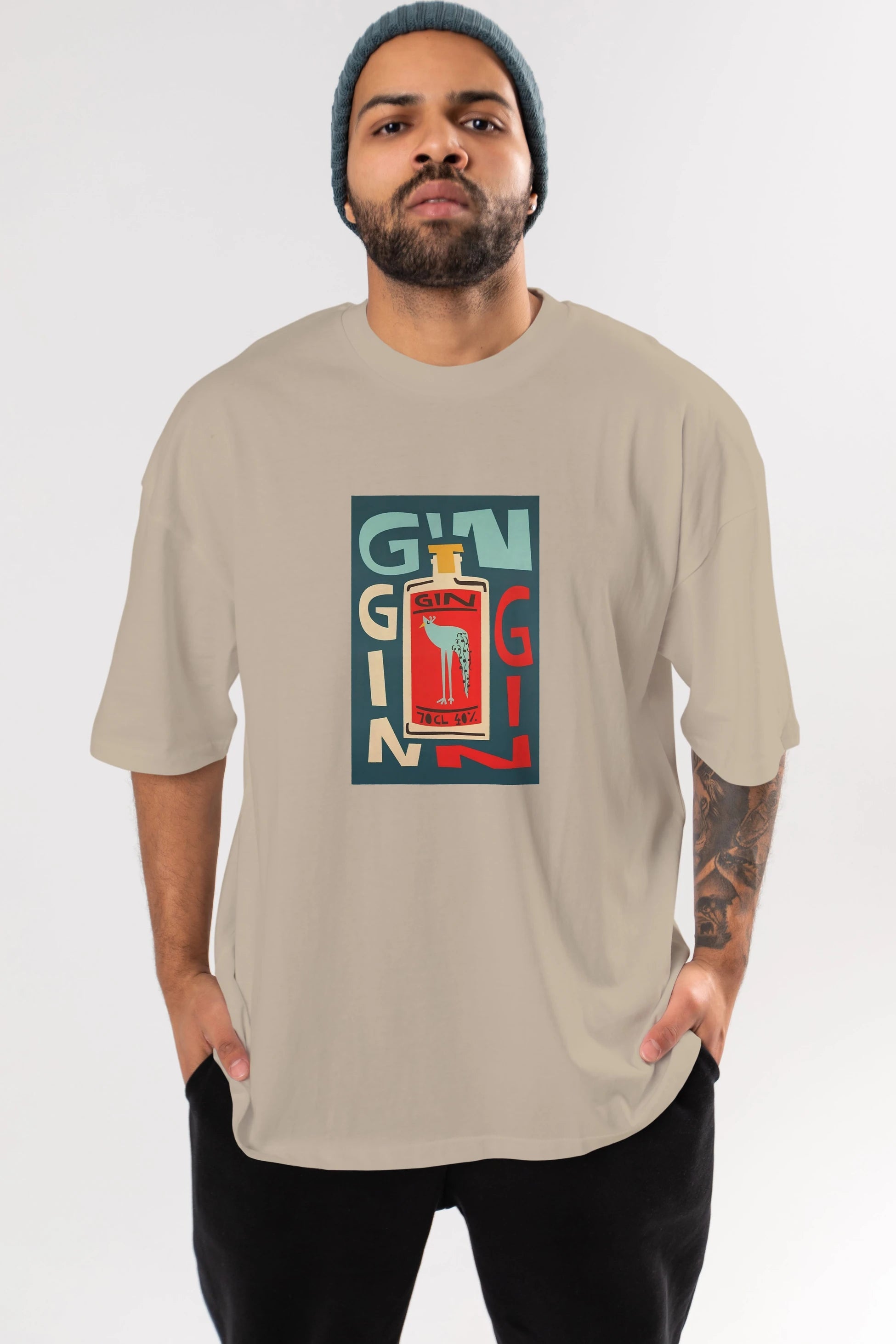 Gin 2 Ön Baskılı Oversize t-shirt Erkek Kadın Unisex %100 Pamuk Bisiklet Yaka tişort