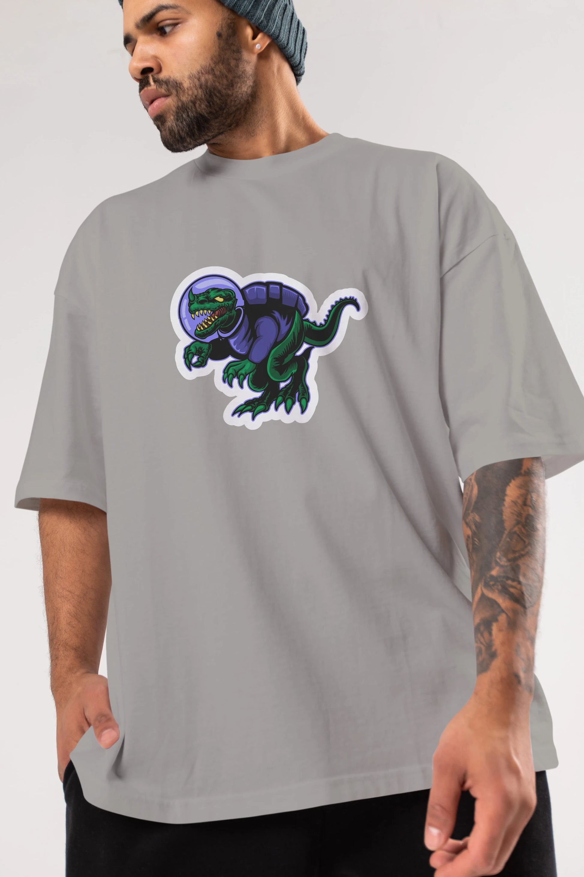 Space Dino Sticker Ön Baskılı Oversize t-shirt Erkek Kadın Unisex
