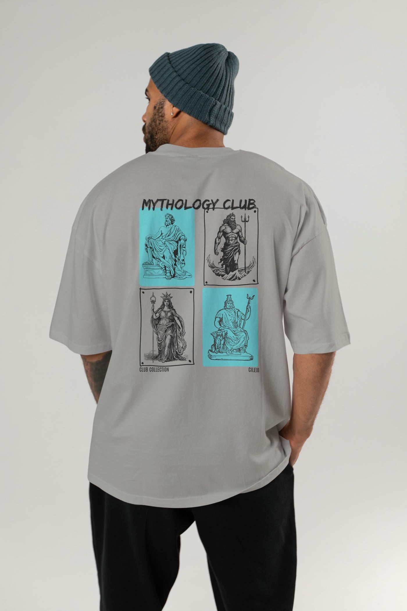 Mythology Club Arka Baskılı Oversize t-shirt Erkek Kadın %100 Pamuk Bisiklet Yaka tişort