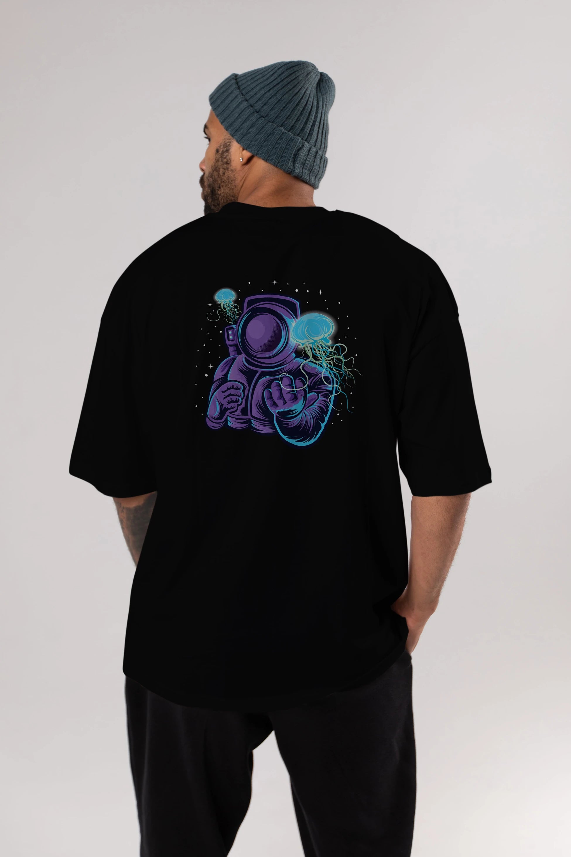 Astronaut and Jellyfish Arka Baskılı Oversize t-shirt Erkek Kadın Unisex