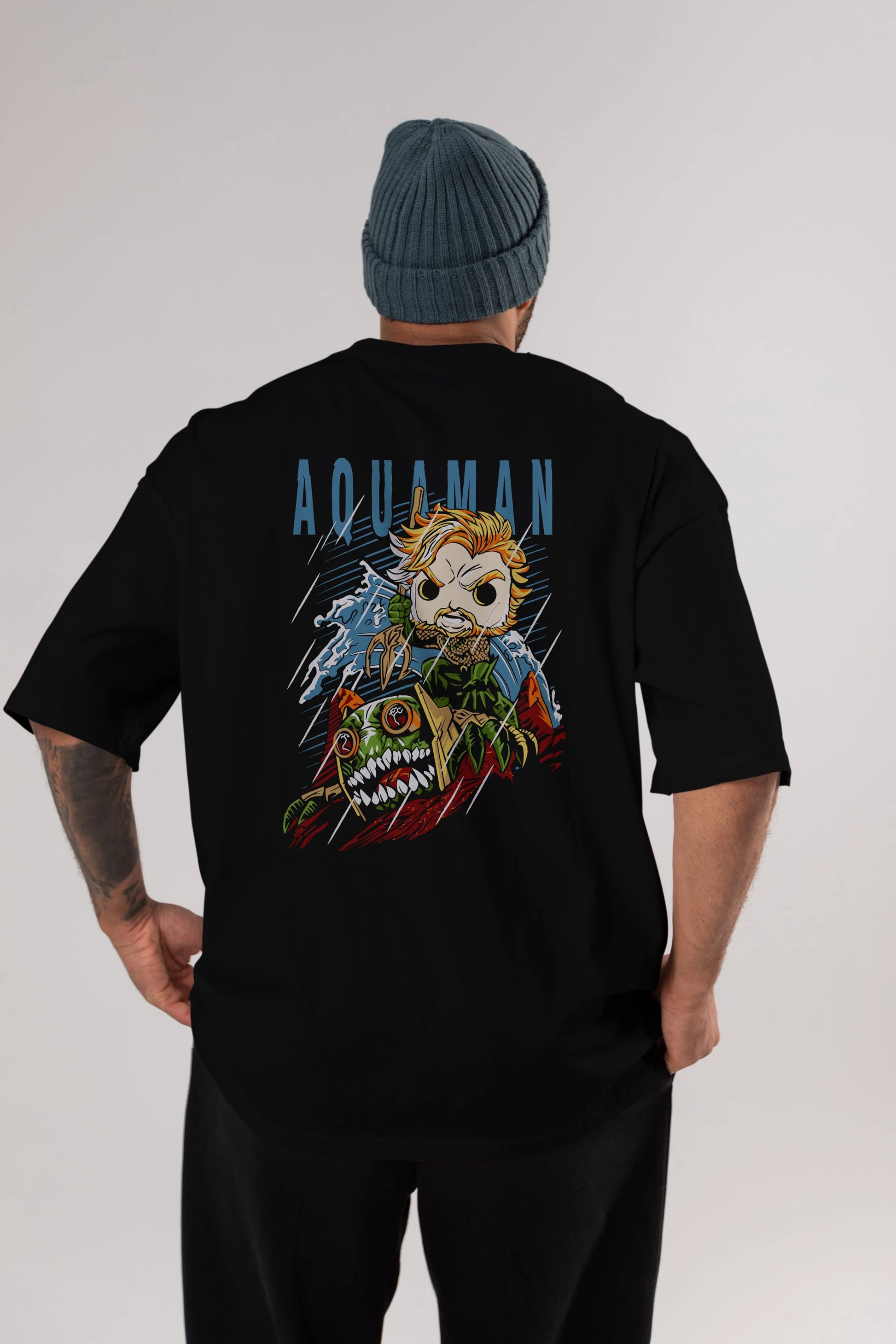 Aquaman Arka Baskılı Oversize t-shirt Erkek Kadın Unisex %100 Pamuk Bisiklet Yaka tişort