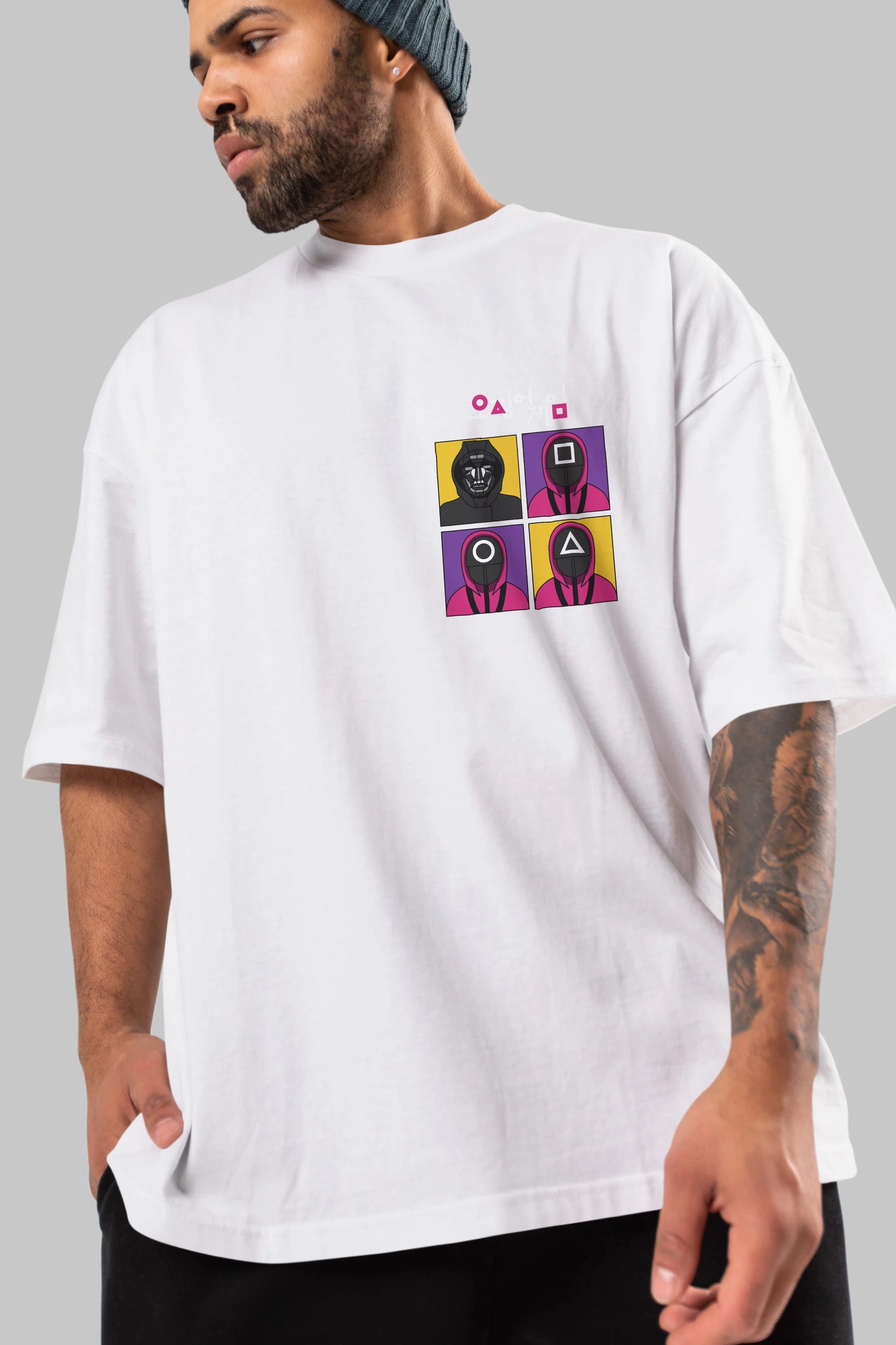 Squid Game (1) Ön Sol Baskılı Oversize t-shirt Erkek Kadın Unisex %100 Pamuk Bisiklet Yaka tişort