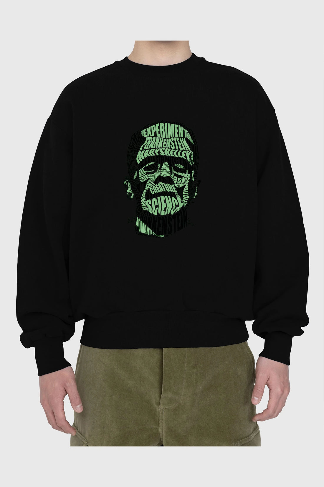 Frankenstein Calligram Ön Baskılı Oversize Sweatshirt Erkek Kadın Unisex