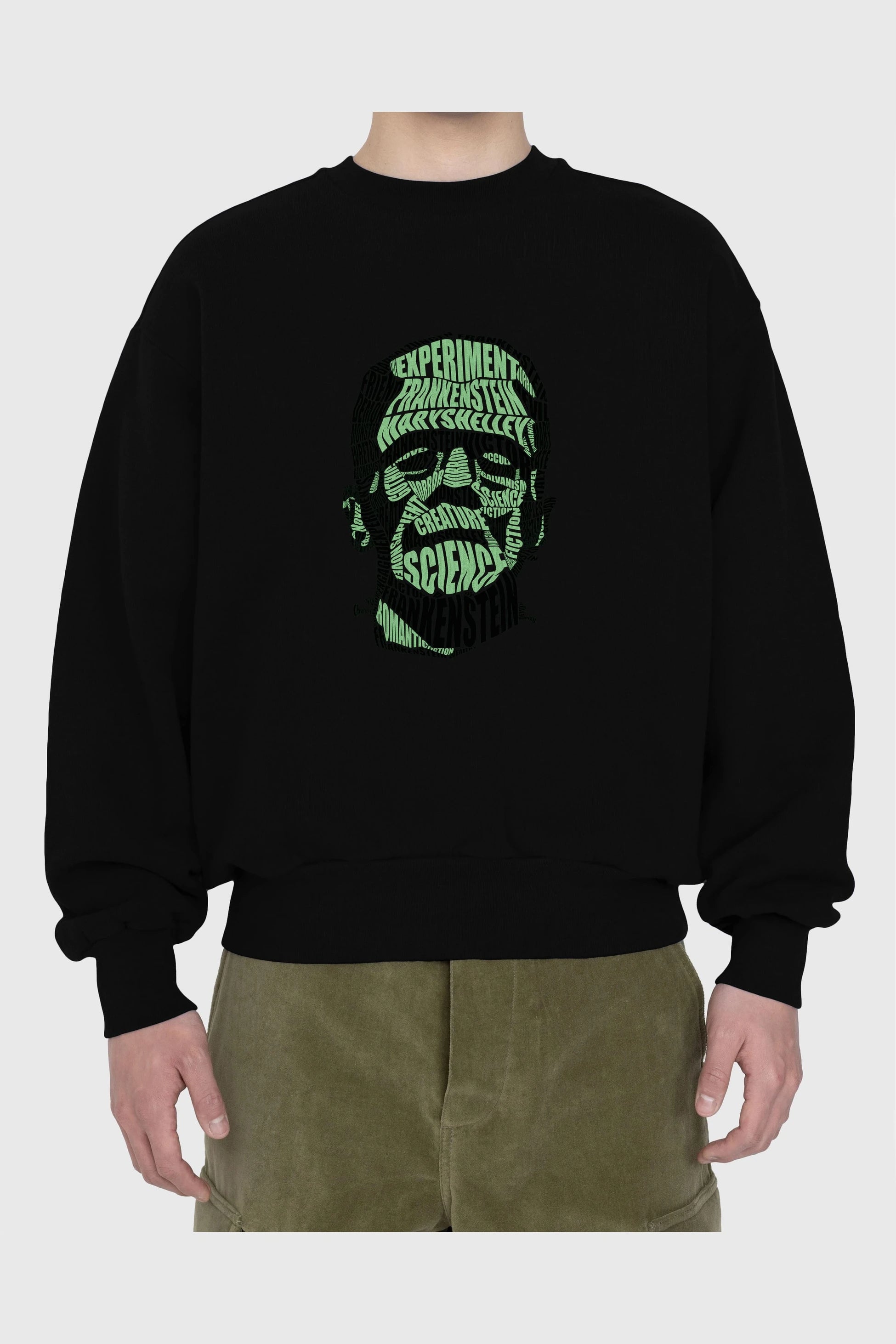 Frankenstein Calligram Ön Baskılı Oversize Sweatshirt Erkek Kadın Unisex
