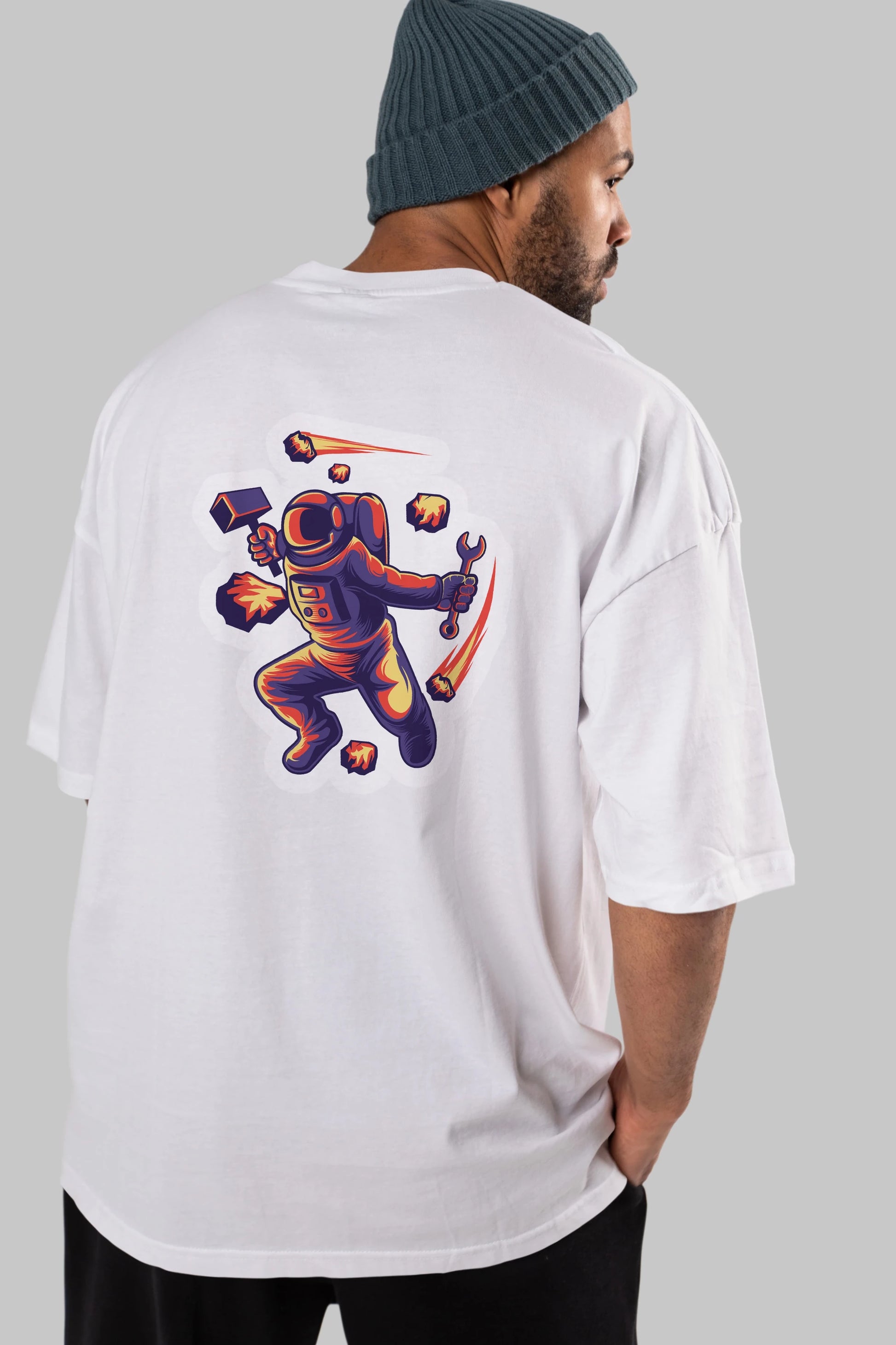 Astronaut Block Meteor Sticker Arka Baskılı Oversize t-shirt Erkek Kadın Unisex