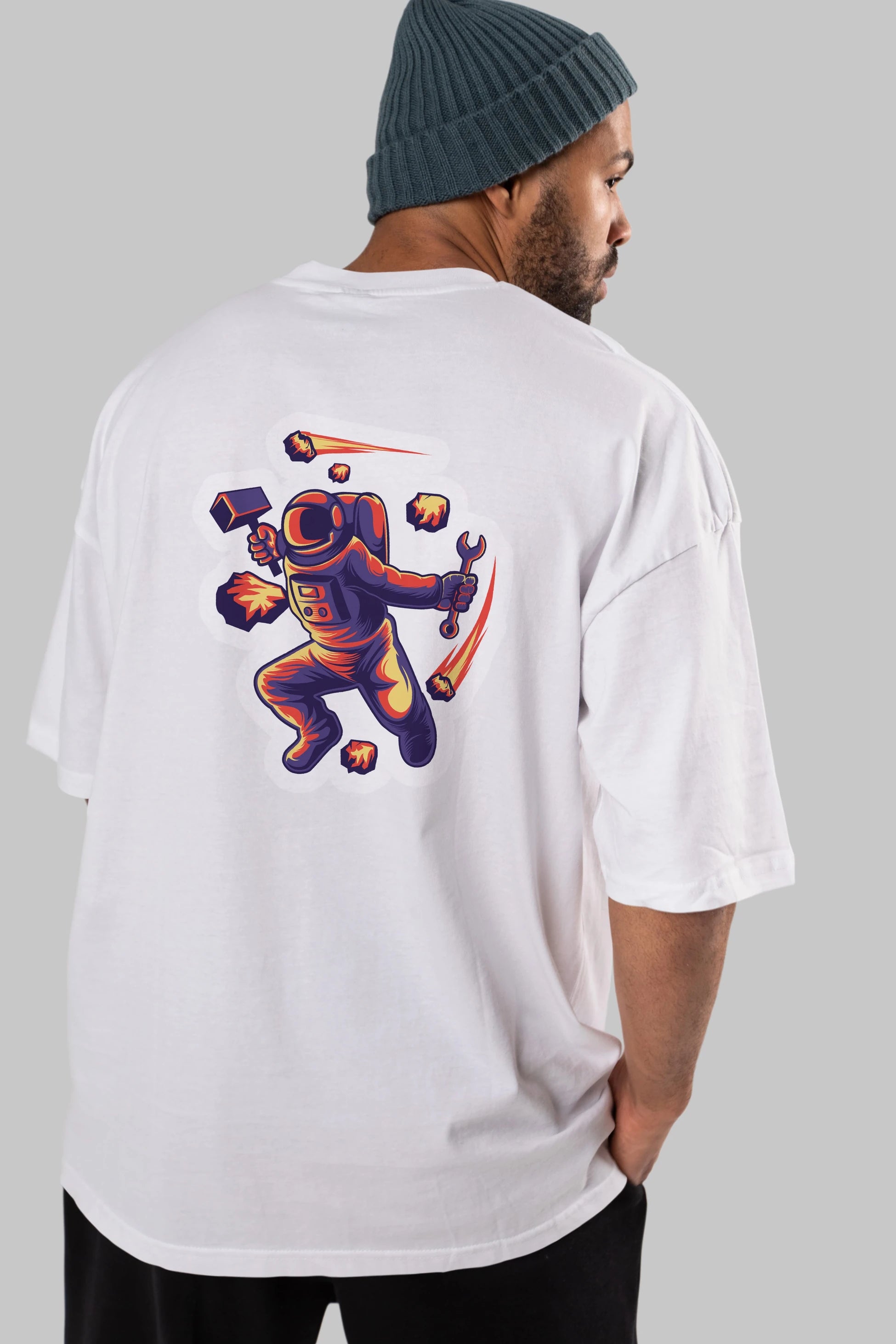 Astronaut Block Meteor Sticker Arka Baskılı Oversize t-shirt Erkek Kadın Unisex