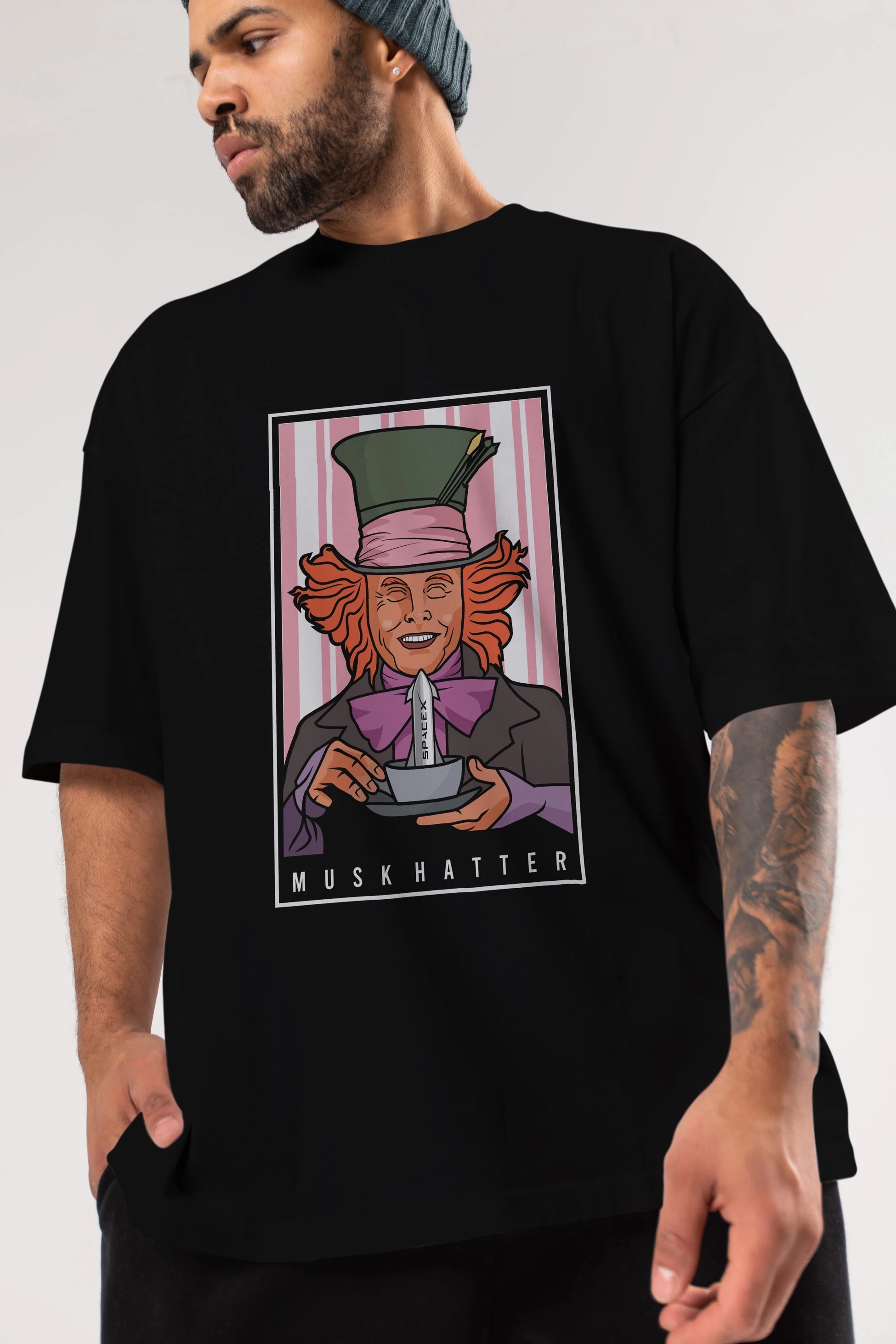 Mad Hatter Elon Musk Ön Baskılı Oversize t-shirt Erkek Kadın Unisex %100 Pamuk tişort