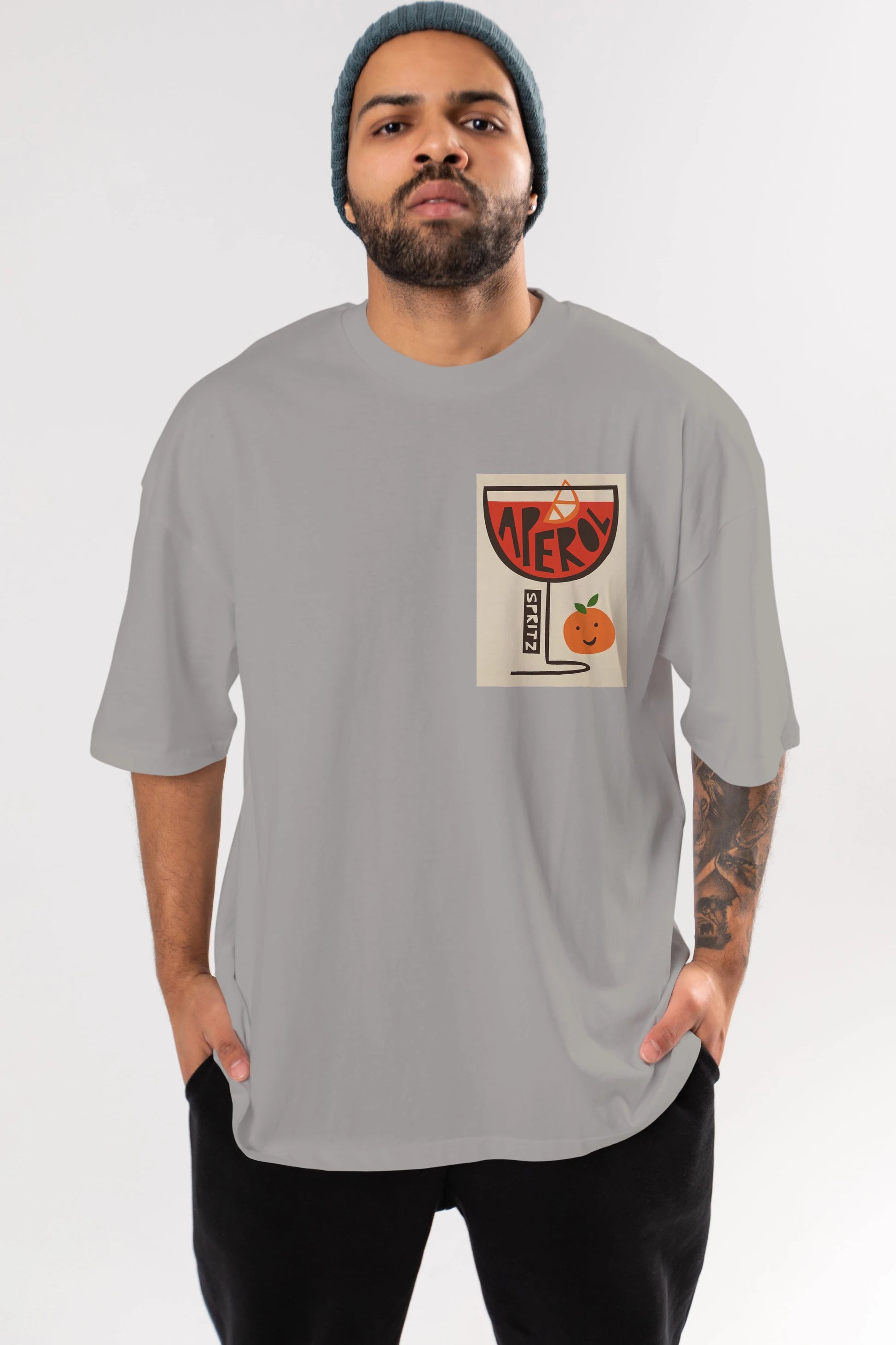 Aperol Spritz 9 Ön Sol Baskılı Oversize t-shirt Erkek Kadın Unisex %100 Pamuk Bisiklet Yaka tişort