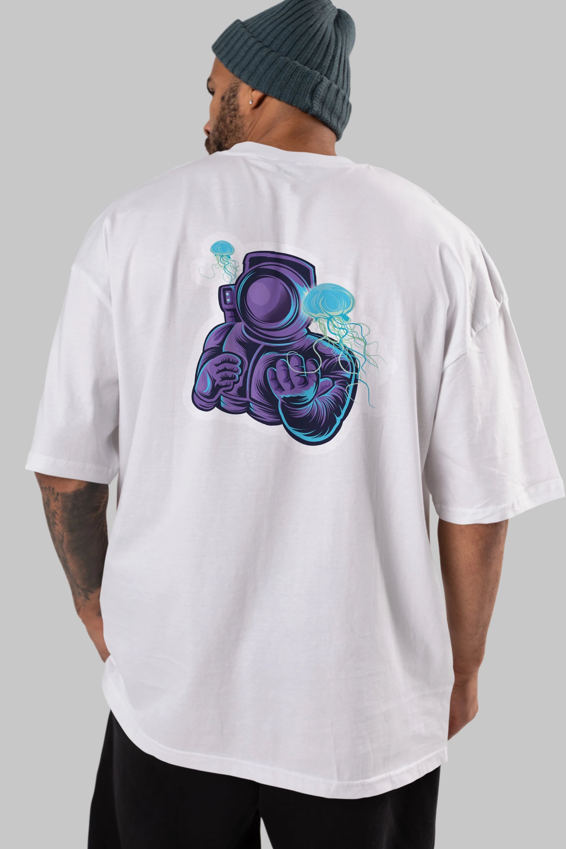 Astronaut and Jellyfish Sticker Arka Baskılı Oversize t-shirt Erkek Kadın Unisex
