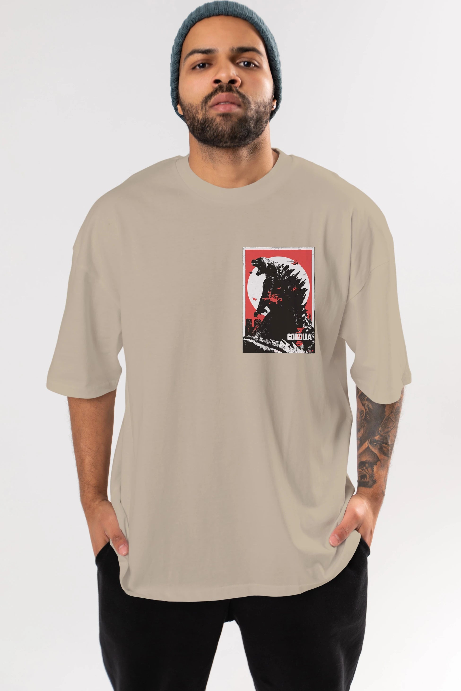 Godzilla (2) Ön Sol Baskılı Oversize t-shirt Erkek Kadın Unisex %100 Pamuk Bisiklet Yaka tişort