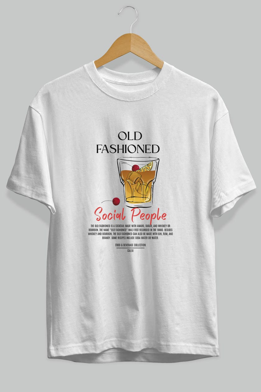 Old Fashıoned Kokteyl Serisi ön Baskılı Oversize t-shirt Erkek Kadın %100 Pamuk Bisiklet Yaka tişort