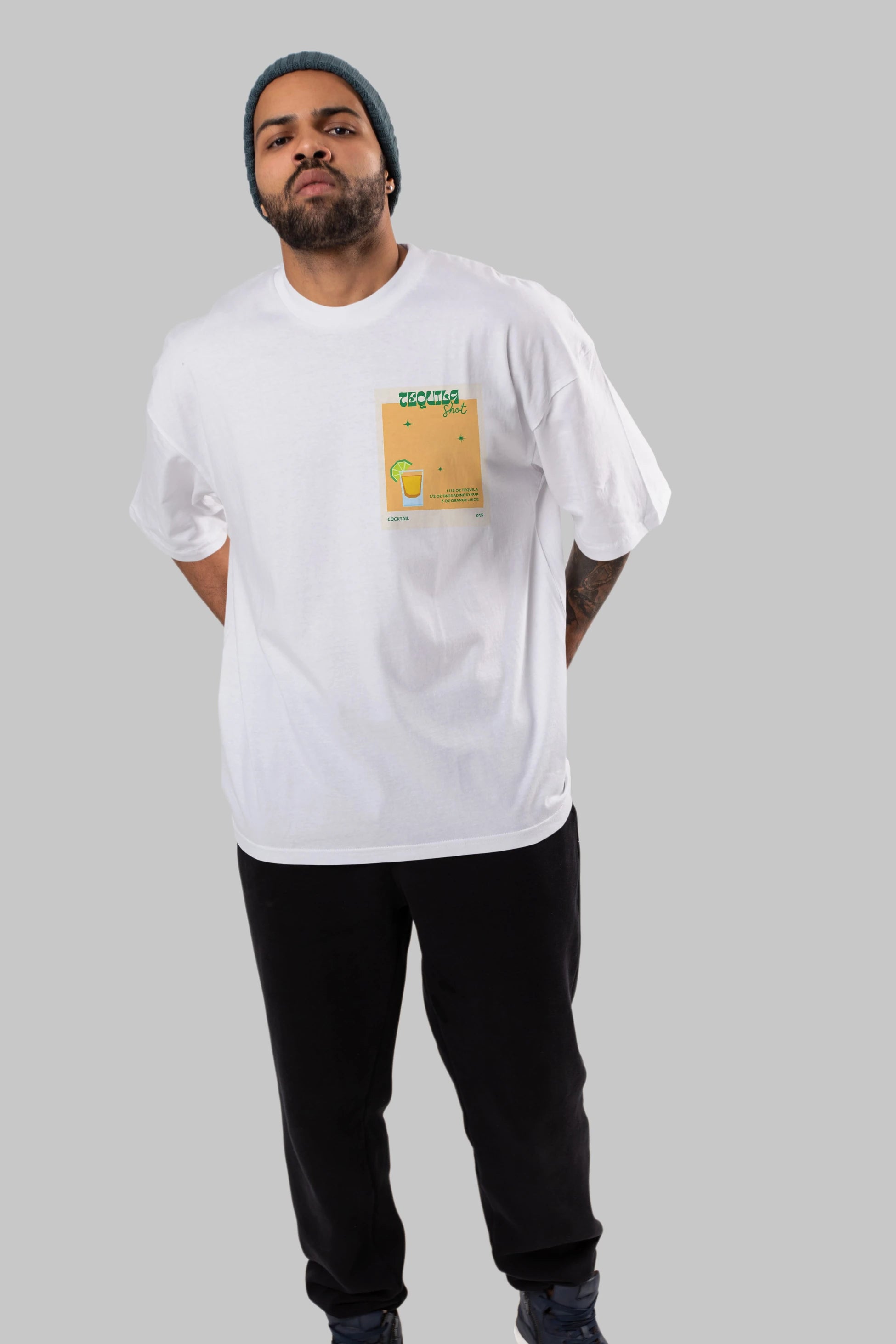 Tequila Shot 2 Ön Sol Baskılı Oversize t-shirt Erkek Kadın Unisex %100 Pamuk Bisiklet Yaka tişort