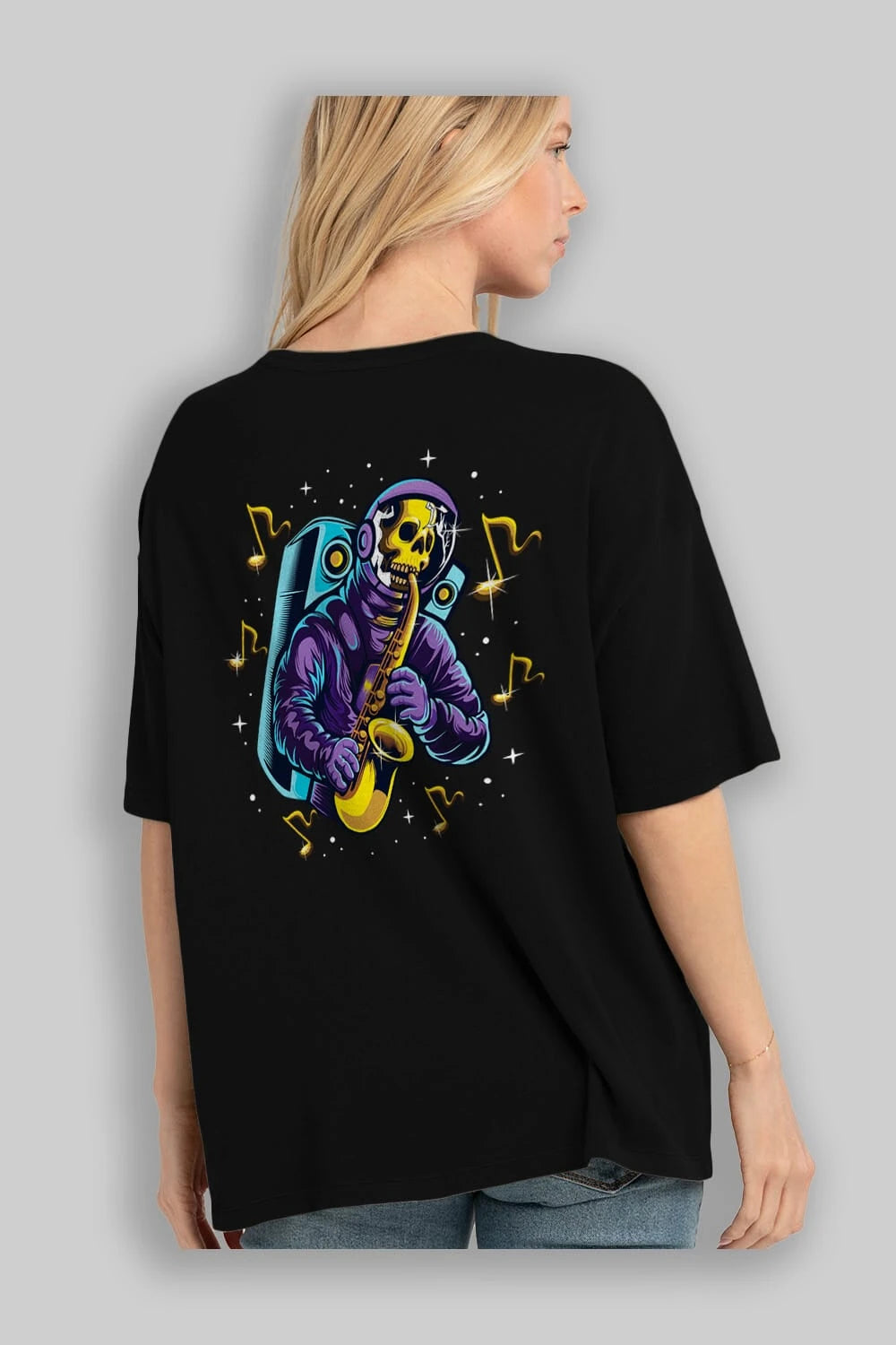 Astroskull Saxophonist Arka Baskılı Oversize t-shirt Erkek Kadın Unisex
