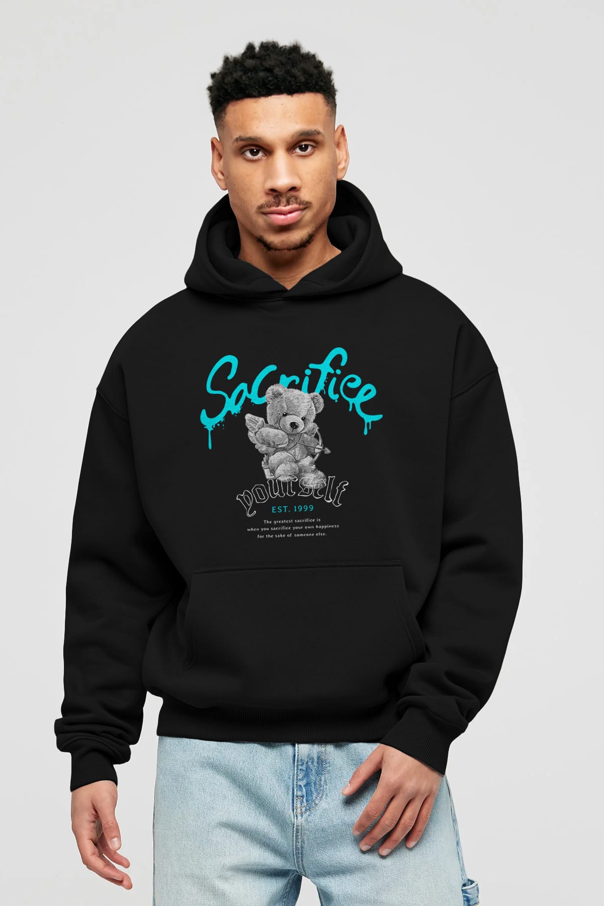 Sacrifice Yourself Bear Ön Baskılı Hoodie Oversize Kapüşonlu Sweatshirt Erkek Kadın Unisex