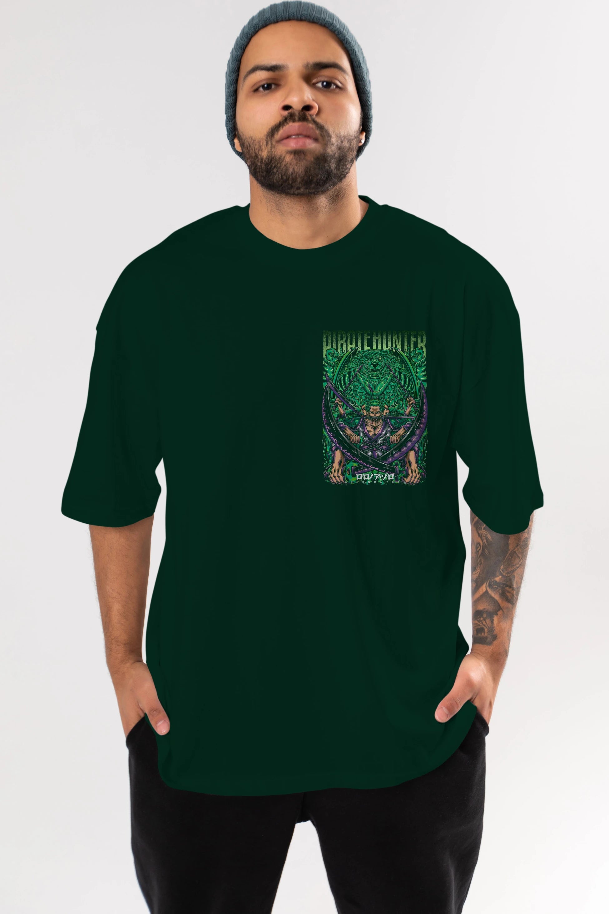 RORONOA ZORO 3 Ön Sol Baskılı Oversize t-shirt Erkek Kadın Unisex %100 Pamuk Bisiklet Yaka tişort