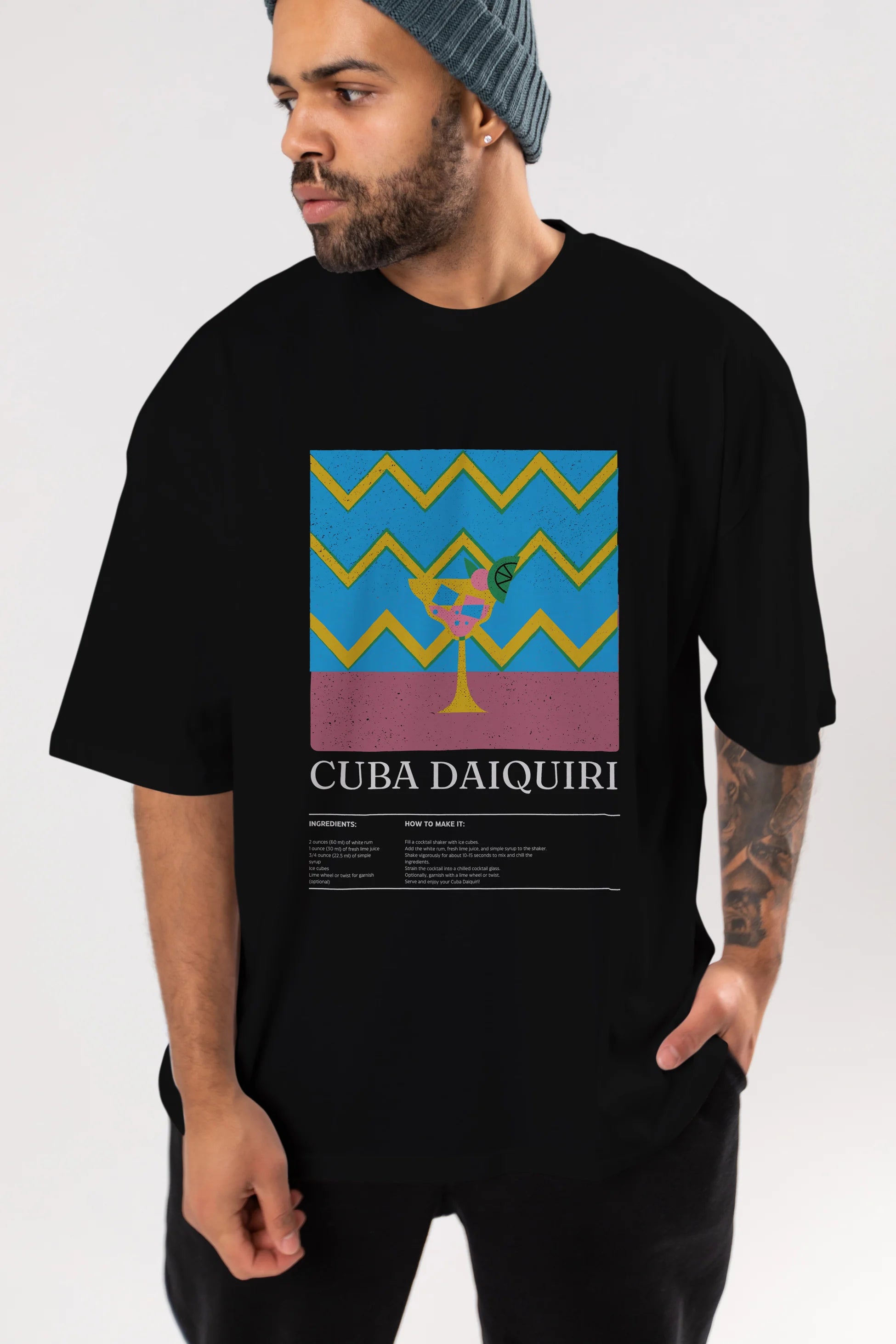 Cuba Daiquiri Kokteyl Ön Baskılı Oversize t-shirt Erkek Kadın %100 Pamuk Bisiklet Yaka tişort