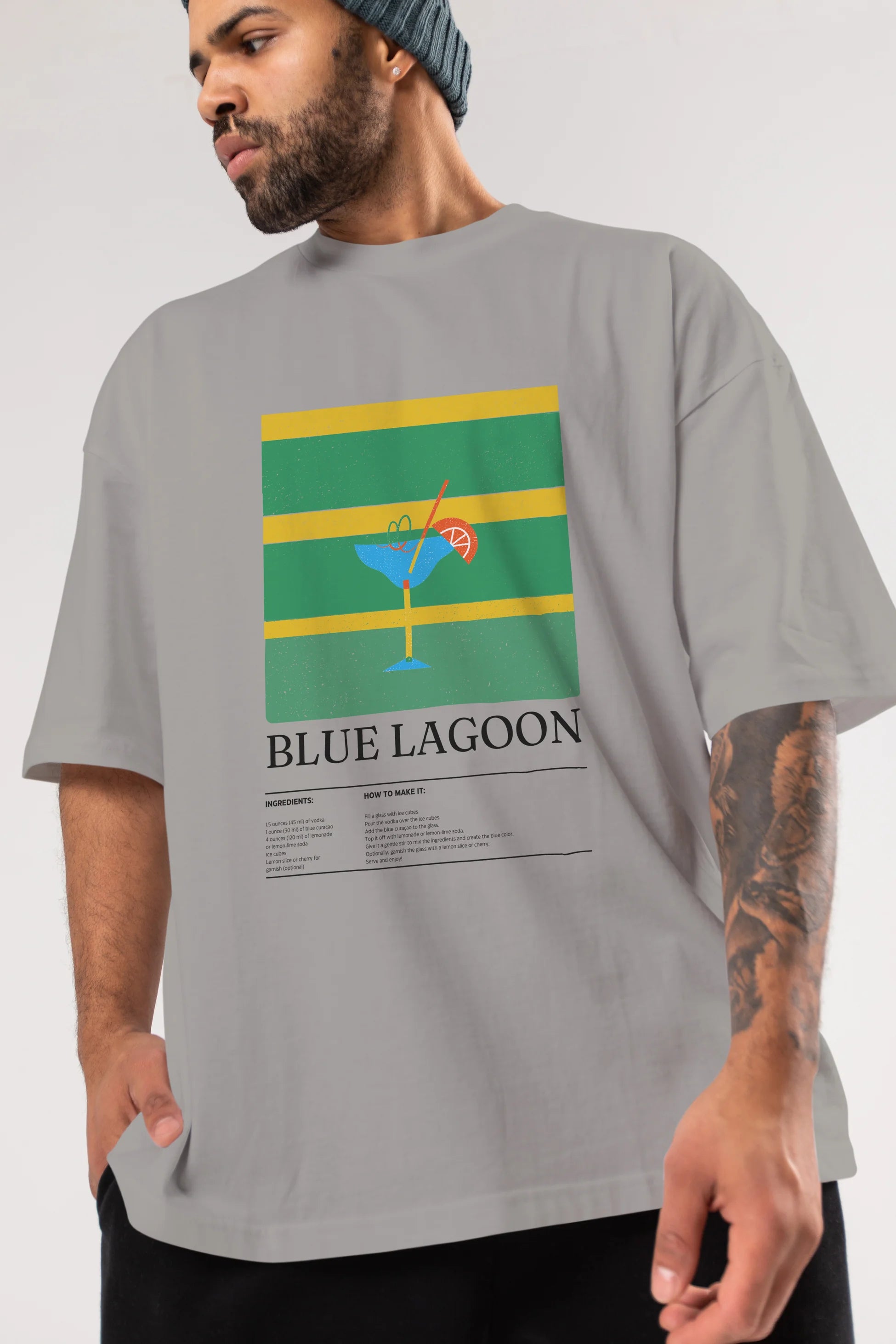 Blue Lagoon Kokteyl Ön Baskılı Oversize t-shirt Erkek Kadın %100 Pamuk Bisiklet Yaka tişort