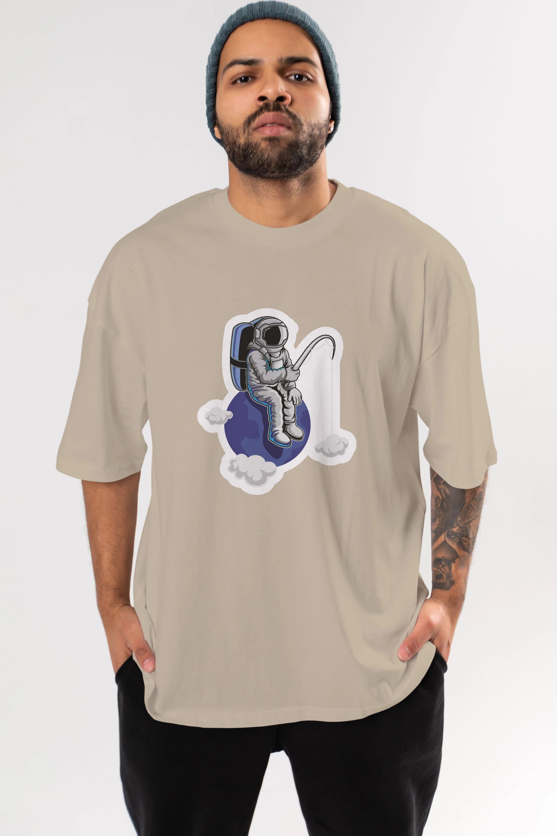 Astronaut Fishing Sticker Ön Baskılı Oversize t-shirt Erkek Kadın Unisex