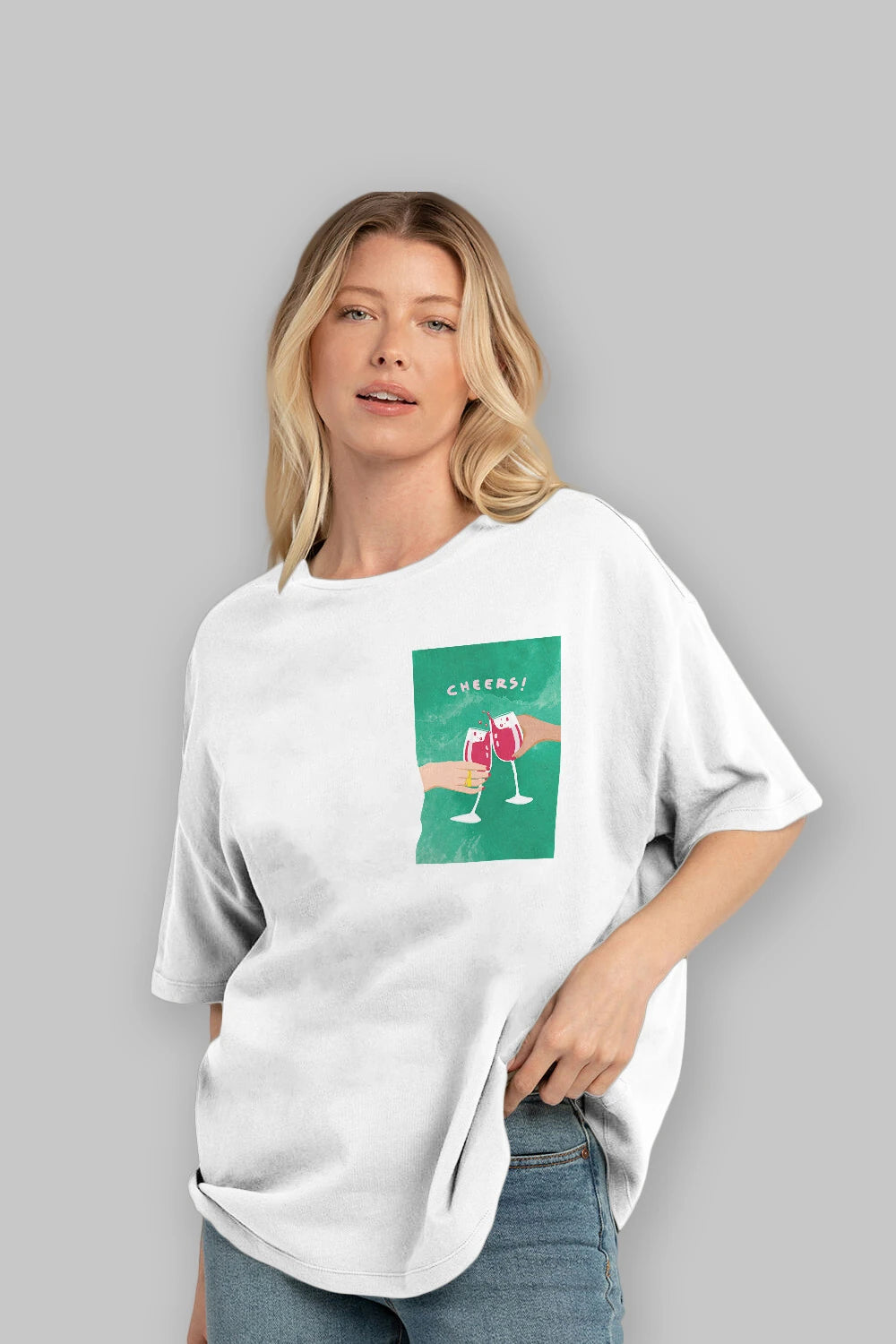 Cheers Ön Sol Baskılı Oversize t-shirt Erkek Kadın Unisex %100 Pamuk Bisiklet Yaka tişort