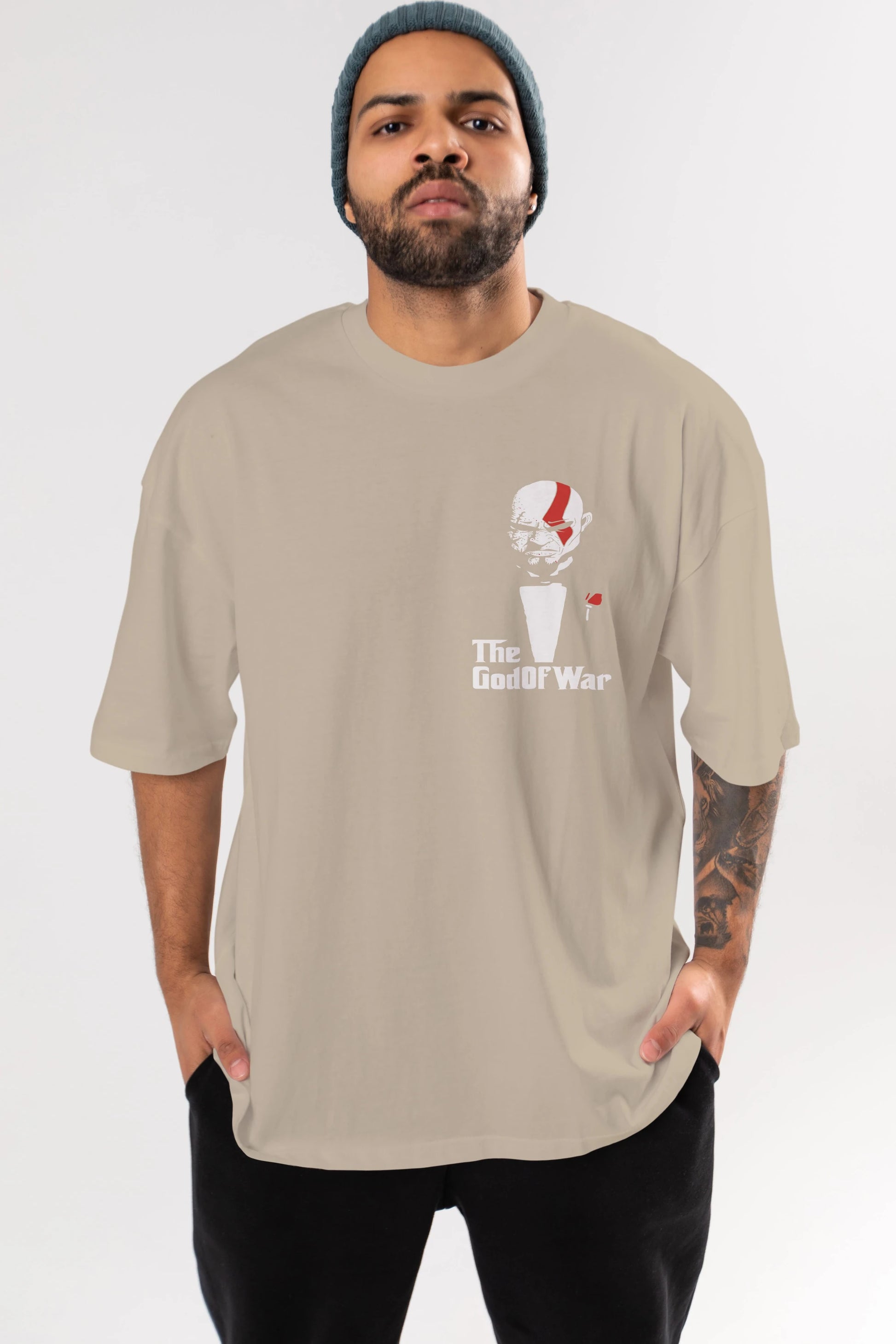 The God of War Ön Sol Baskılı Oversize t-shirt Erkek Kadın Unisex %100 Pamuk Bisiklet Yaka tişort