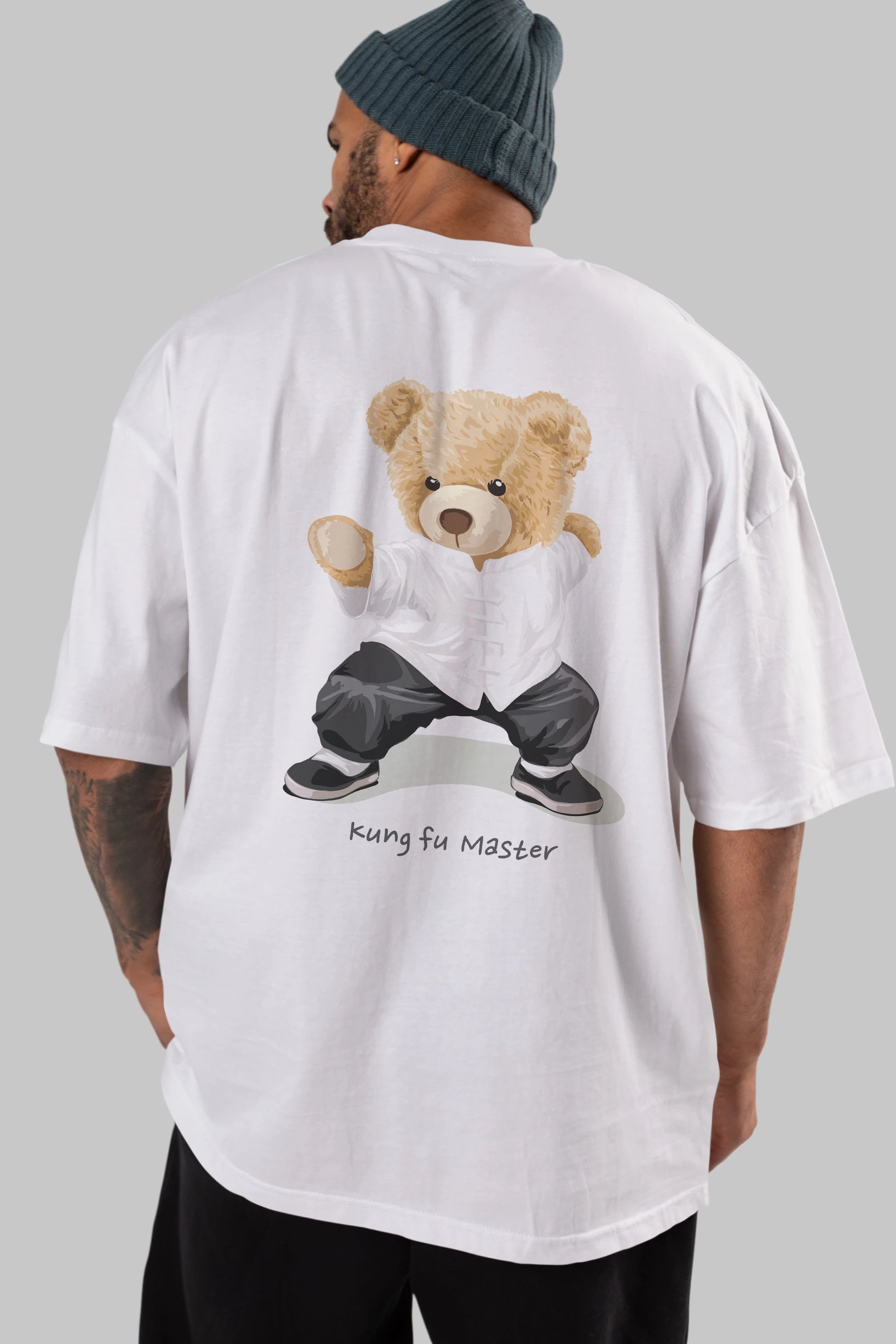 Teddy Bear Kung Fu Master Arka Baskılı Oversize t-shirt Erkek Kadın Unisex %100 Pamuk