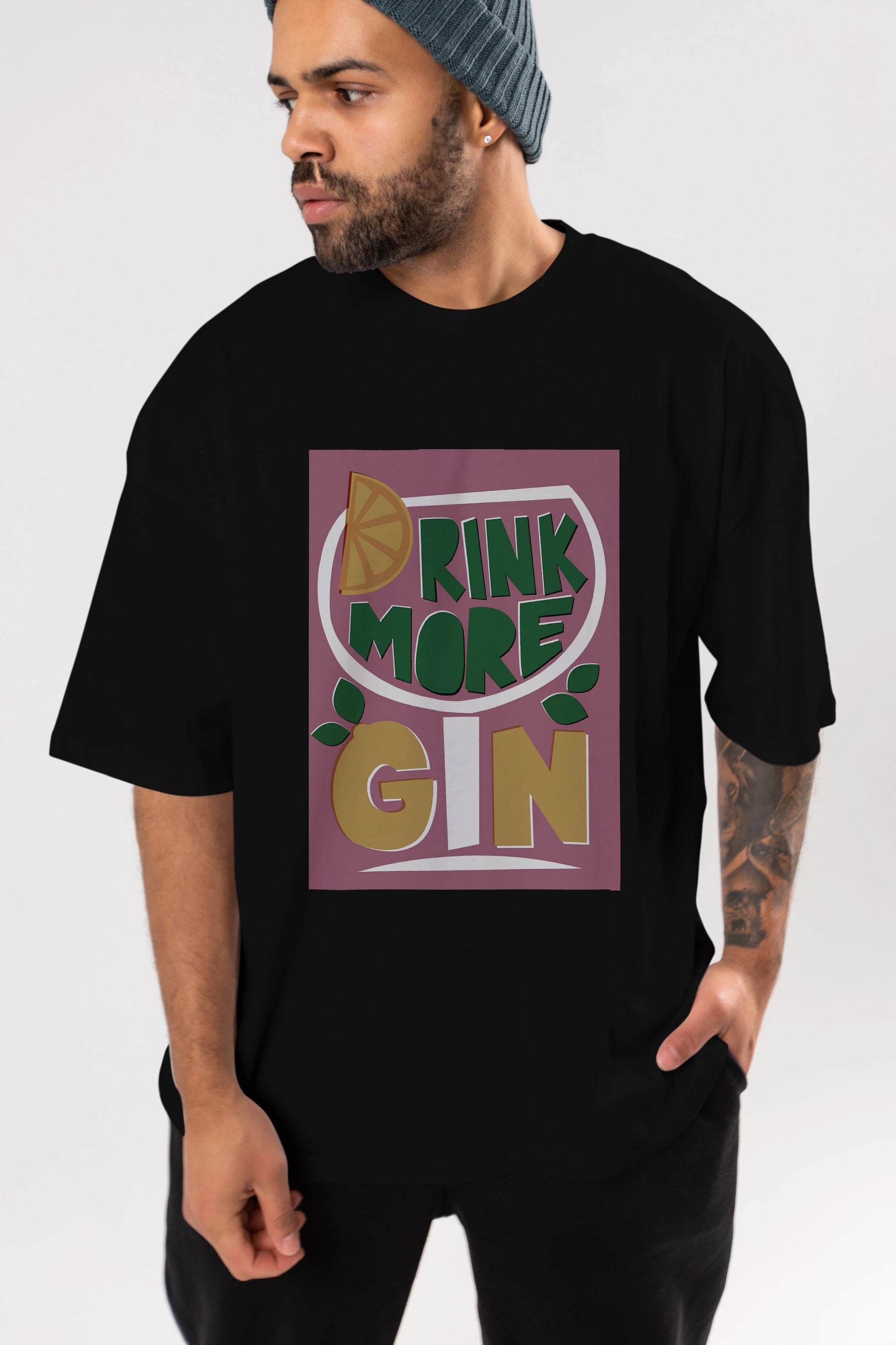 Drink More Gin Ön Baskılı Oversize t-shirt Erkek Kadın Unisex %100 Pamuk Bisiklet Yaka tişort