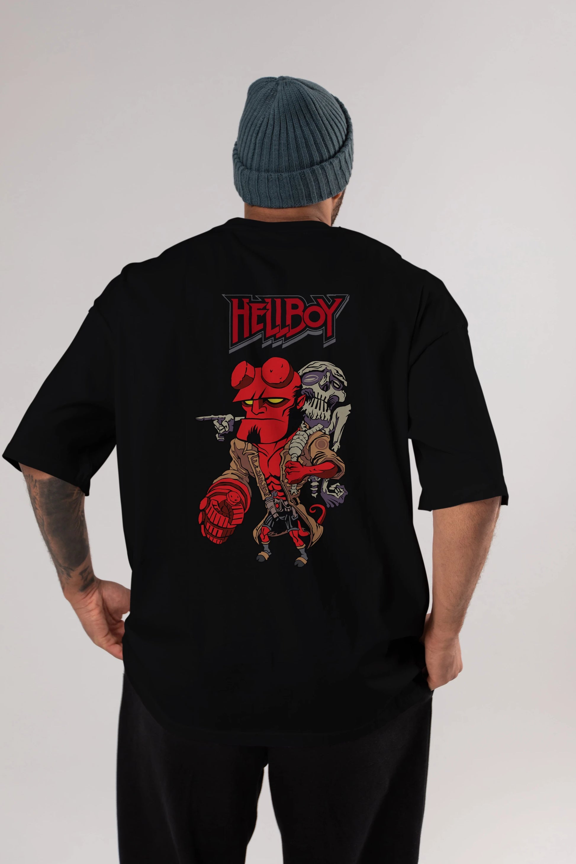 Hellboy (2) Arka Baskılı Oversize t-shirt Erkek Kadın Unisex %100 Pamuk Bisiklet Yaka tişort
