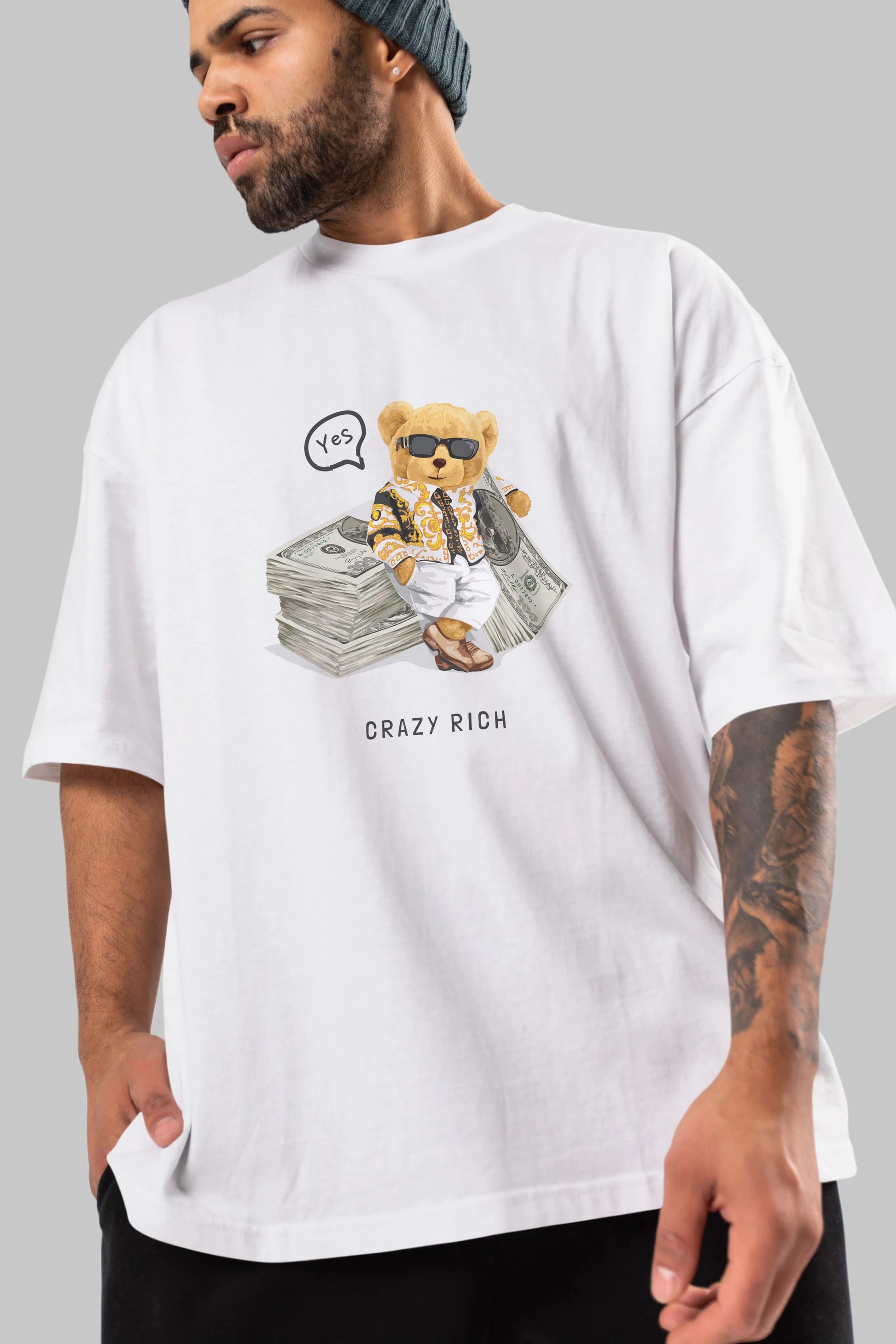 Teddy Bear Crazy Rich Ön Baskılı Oversize t-shirt Erkek Kadın Unisex %100 Pamuk