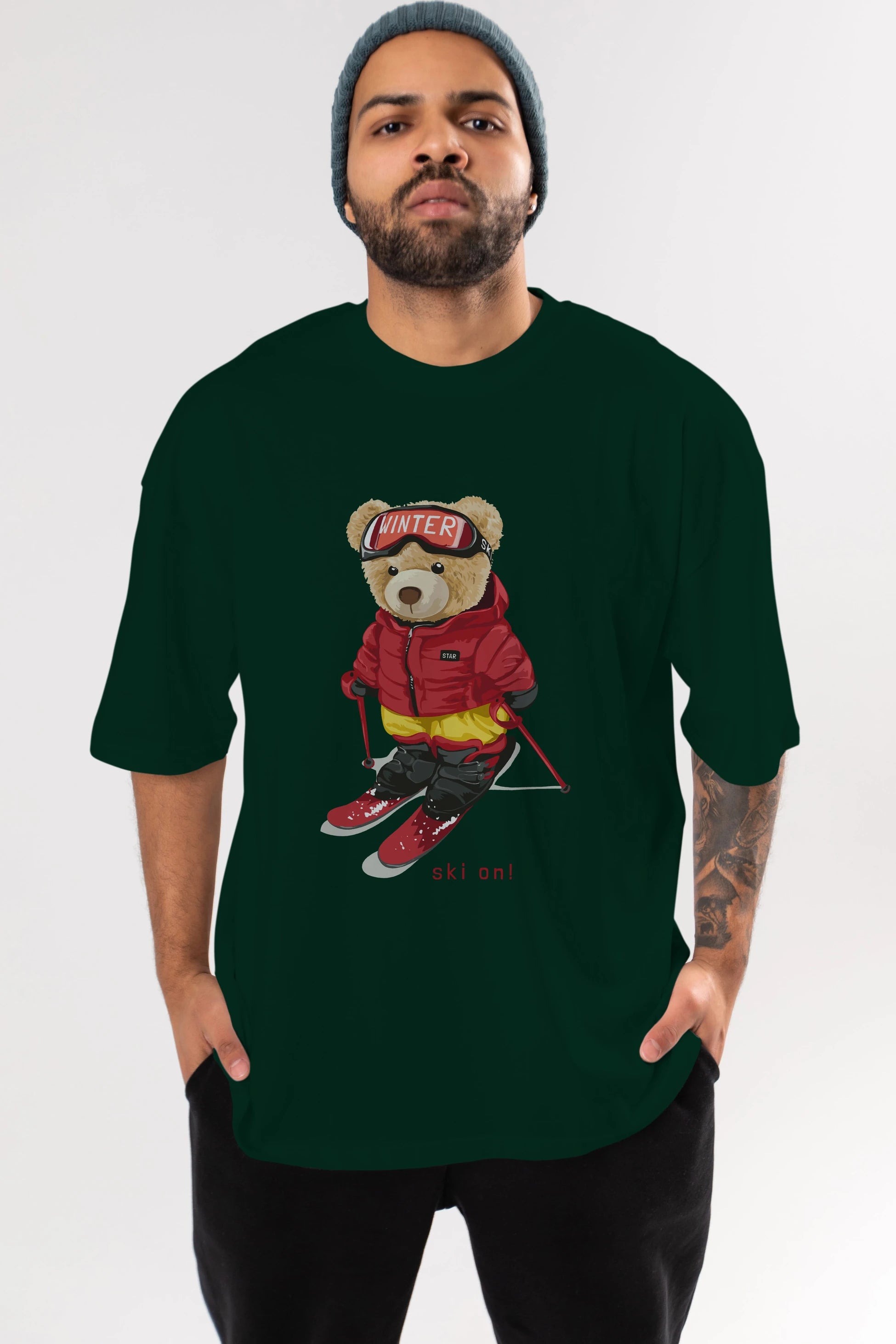 Teddy Bear Ski On Ön Baskılı Oversize t-shirt Erkek Kadın Unisex %100 Pamuk