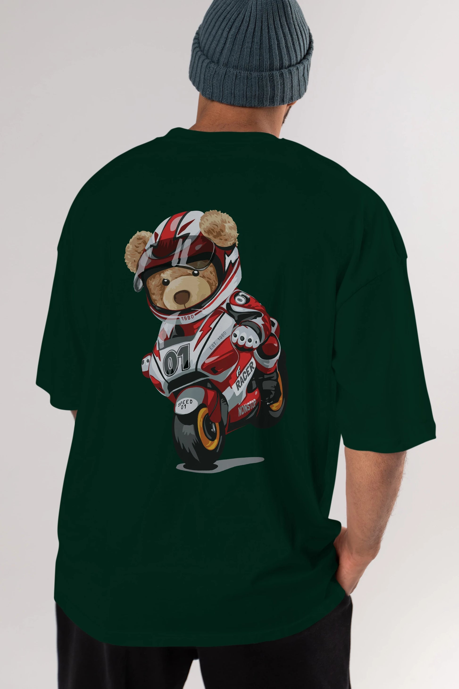 Teddy Bear Racer Arka Baskılı Oversize t-shirt Erkek Kadın Unisex %100 Pamuk