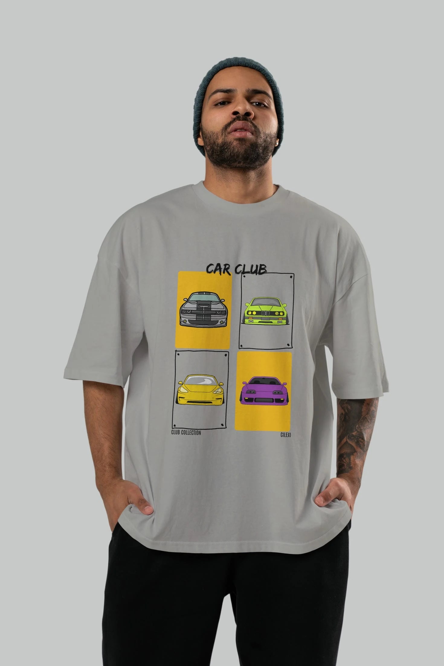 Car Club ön Baskılı Oversize t-shirt Erkek Kadın %100 Pamuk Bisiklet Yaka tişort