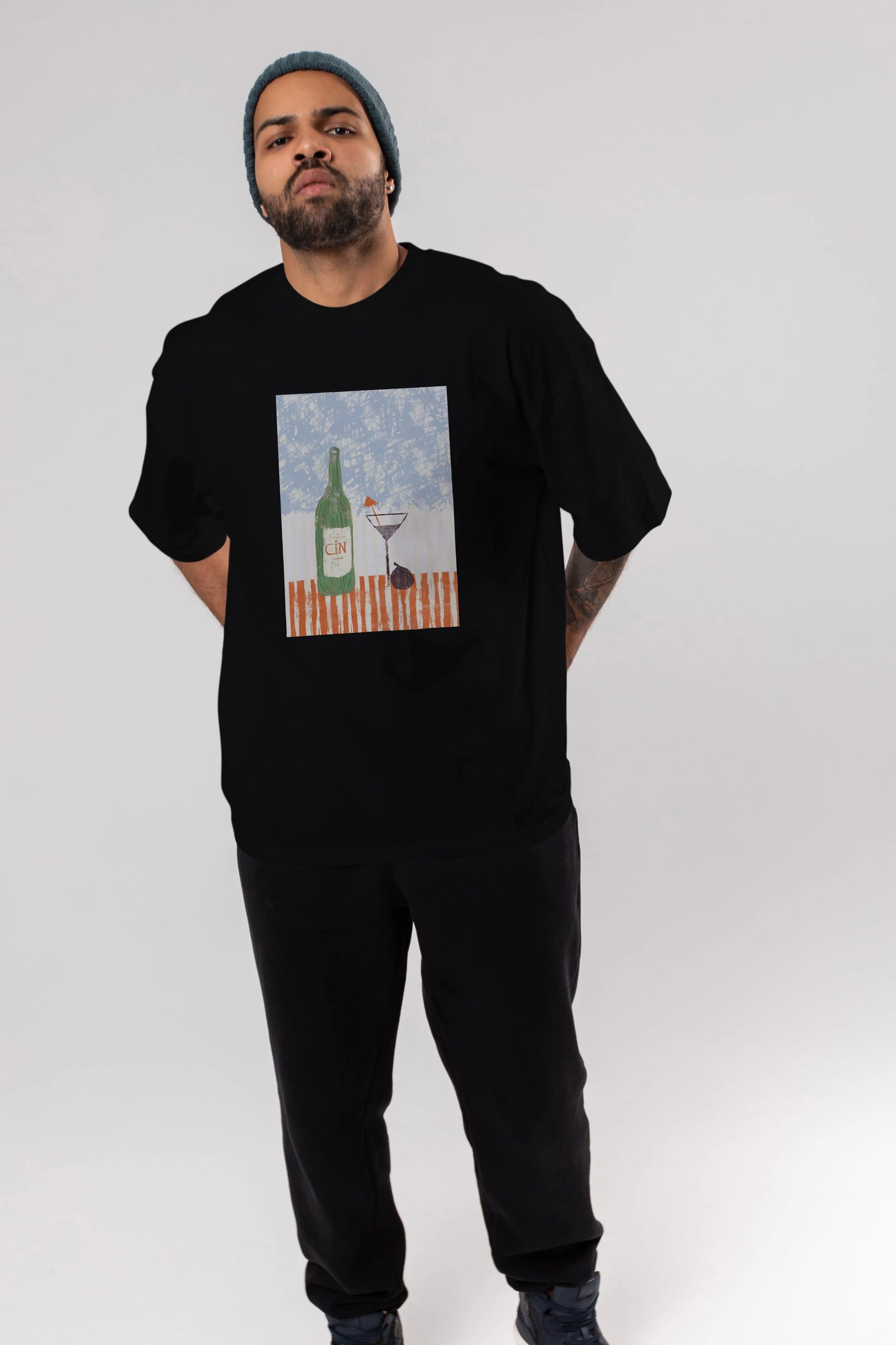 Gin Ön Baskılı Oversize t-shirt Erkek Kadın Unisex %100 Pamuk Bisiklet Yaka tişort