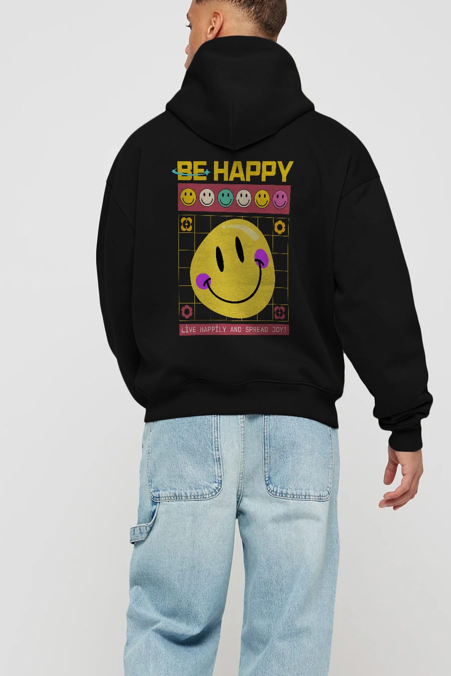 Be Happy Yazılı Arka Baskılı Oversize Hoodie Kapüşonlu Sweatshirt Erkek Kadın Unisex