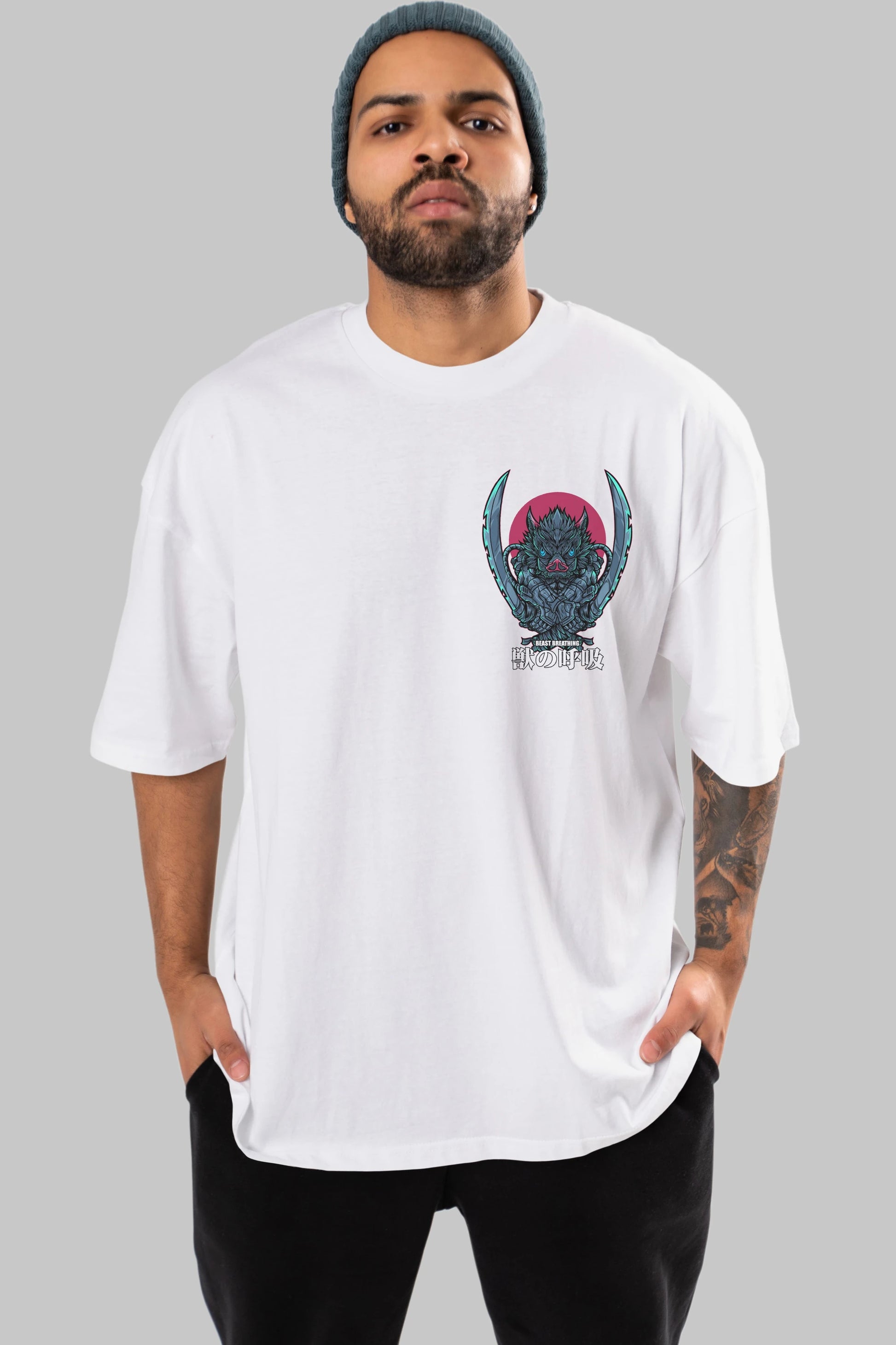 Inosuke DEMON SLAYER Ön Sol Baskılı Oversize t-shirt Erkek Kadın Unisex %100 Pamuk Bisiklet Yaka tişort