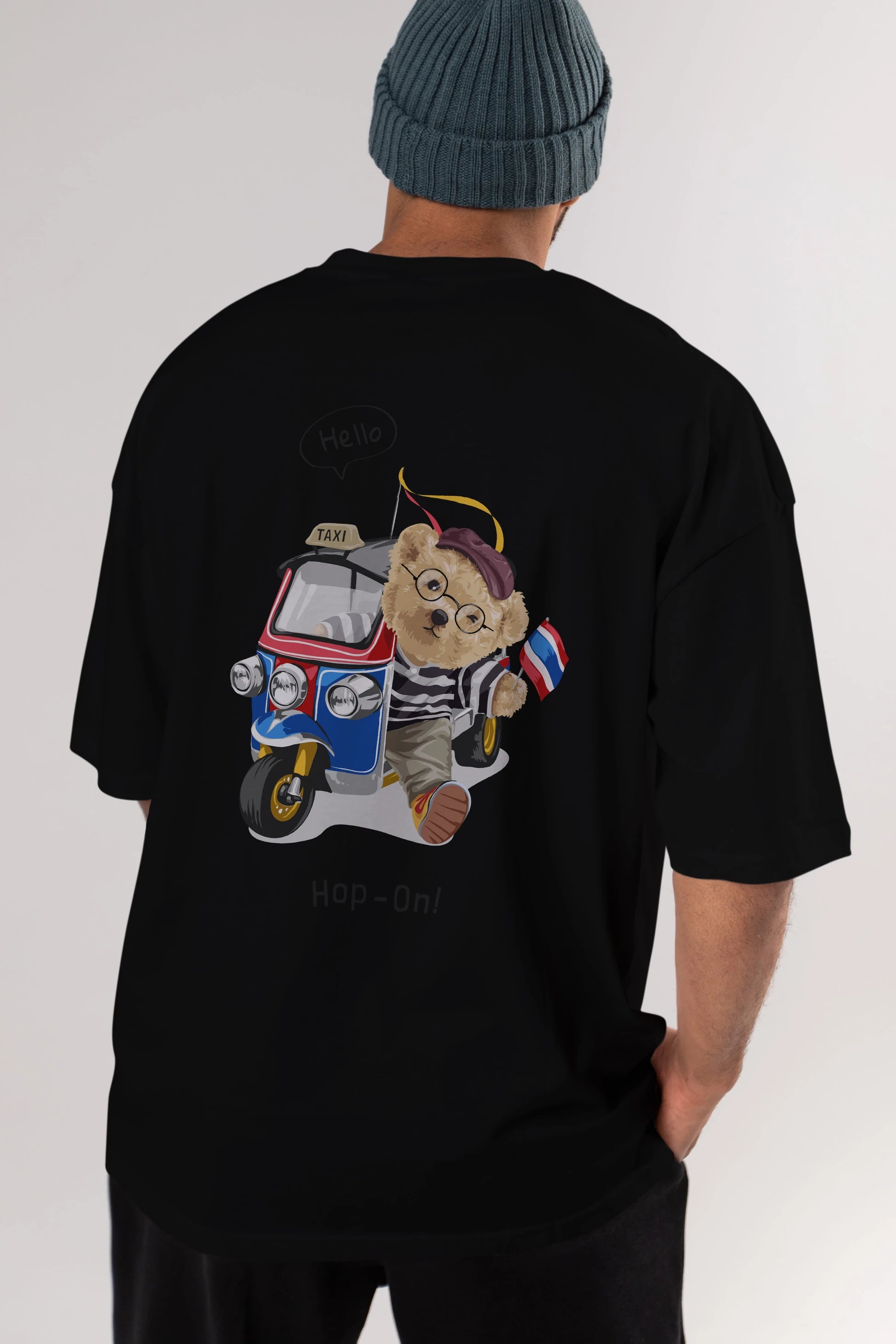 Teddy Bear Hop-On Arka Baskılı Oversize t-shirt Erkek Kadın Unisex %100 Pamuk