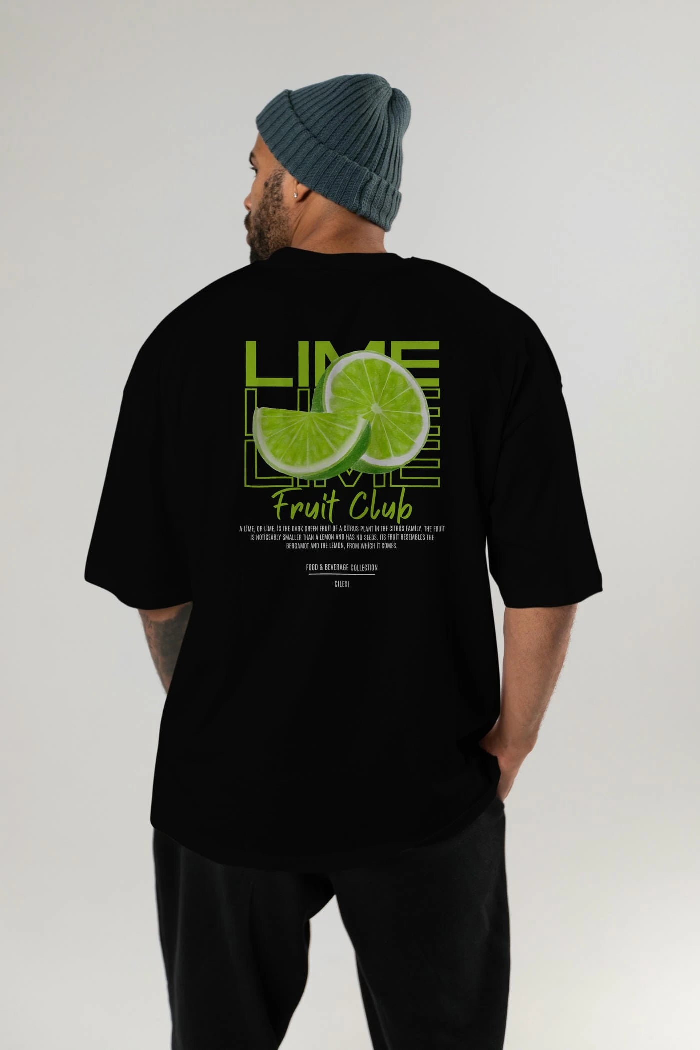 Lime Arka Baskılı Oversize t-shirt Erkek Kadın Pamuk Bisiklet Yaka tişort