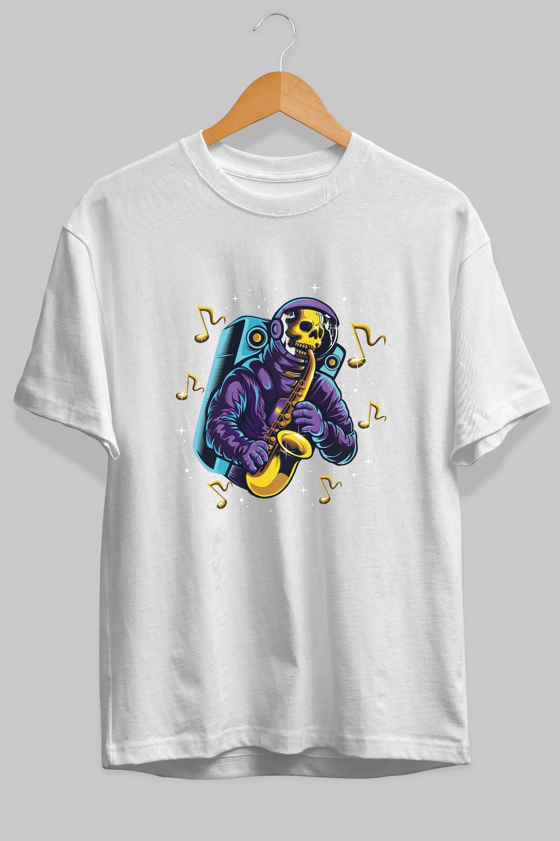 Astroskull Saxophonist Ön Baskılı Oversize t-shirt Erkek Kadın Unisex