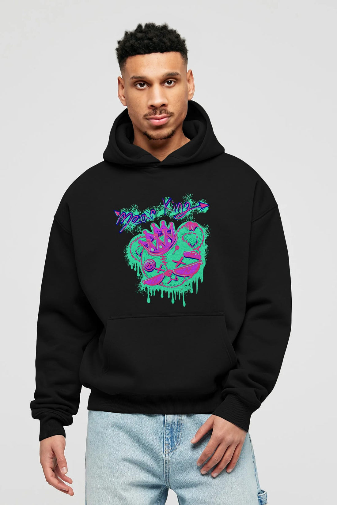 Bear King Ön Baskılı Hoodie Oversize Kapüşonlu Sweatshirt Erkek Kadın Unisex