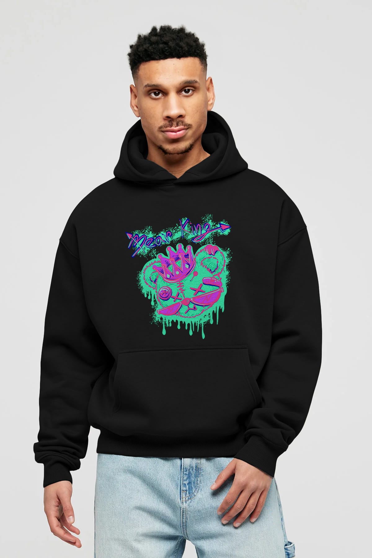 Bear King Ön Baskılı Hoodie Oversize Kapüşonlu Sweatshirt Erkek Kadın Unisex