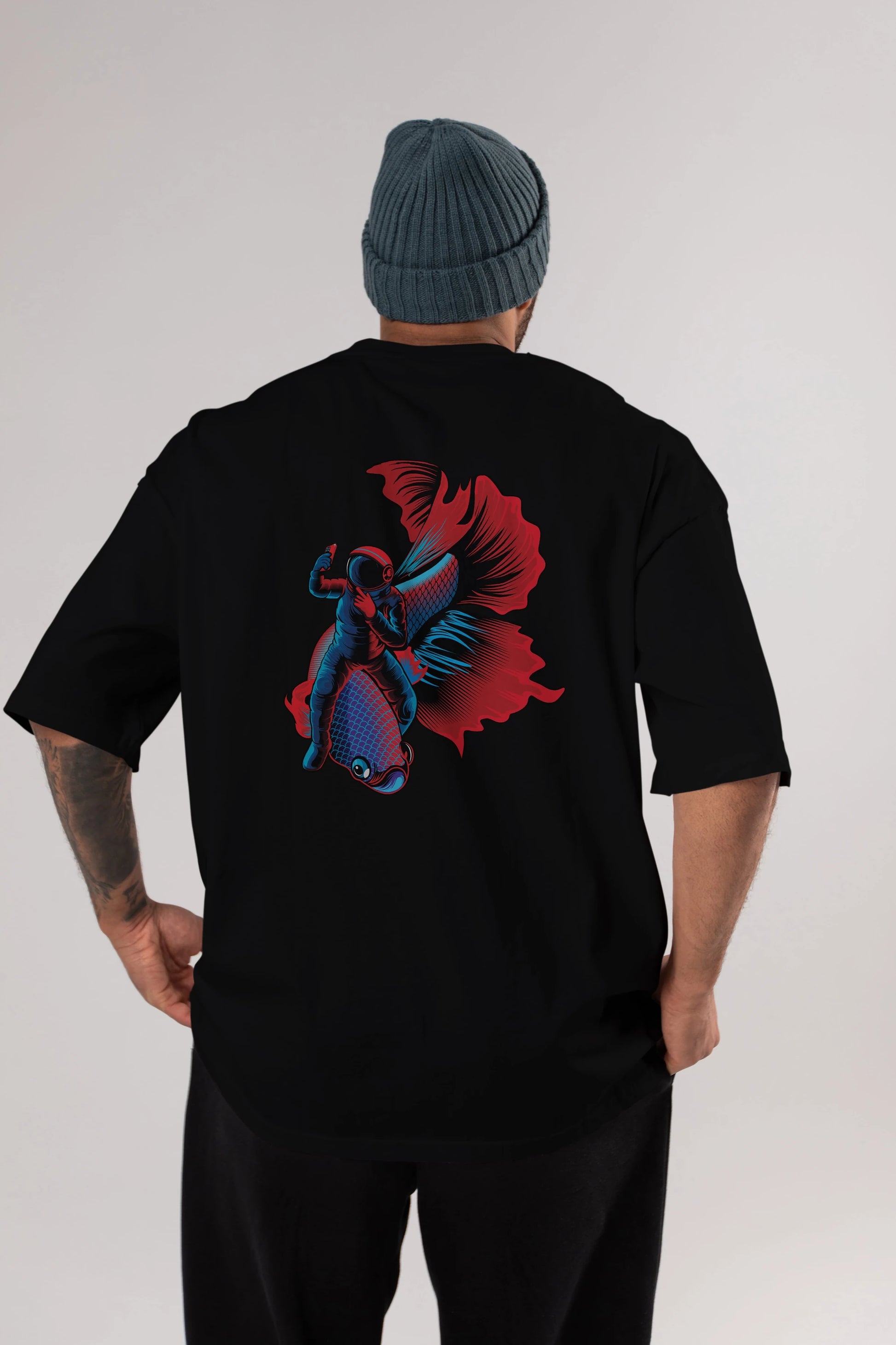 Astrofish selfie Arka Baskılı Oversize t-shirt Erkek Kadın Unisex