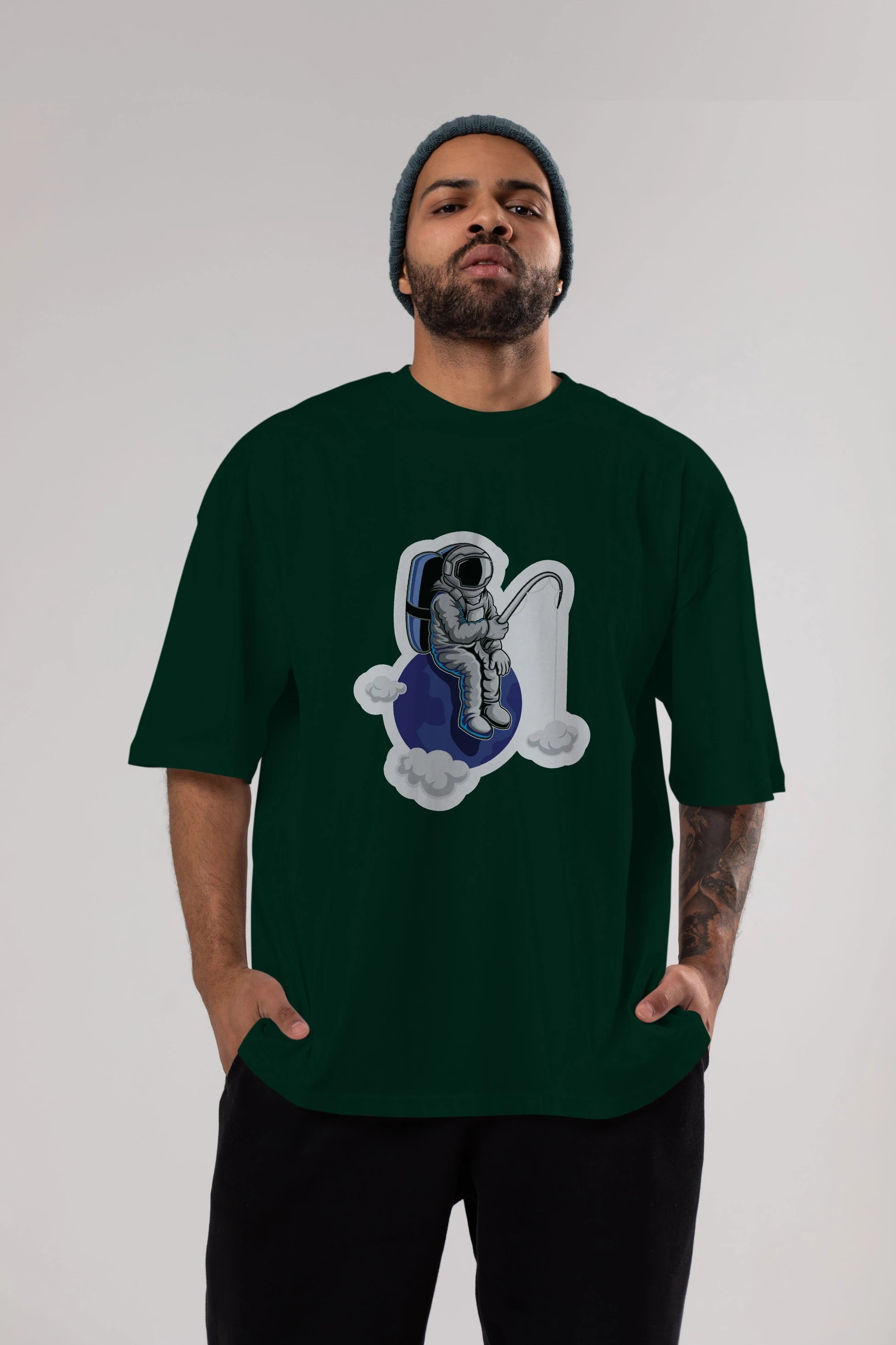 Astronaut Fishing Sticker Ön Baskılı Oversize t-shirt Erkek Kadın Unisex