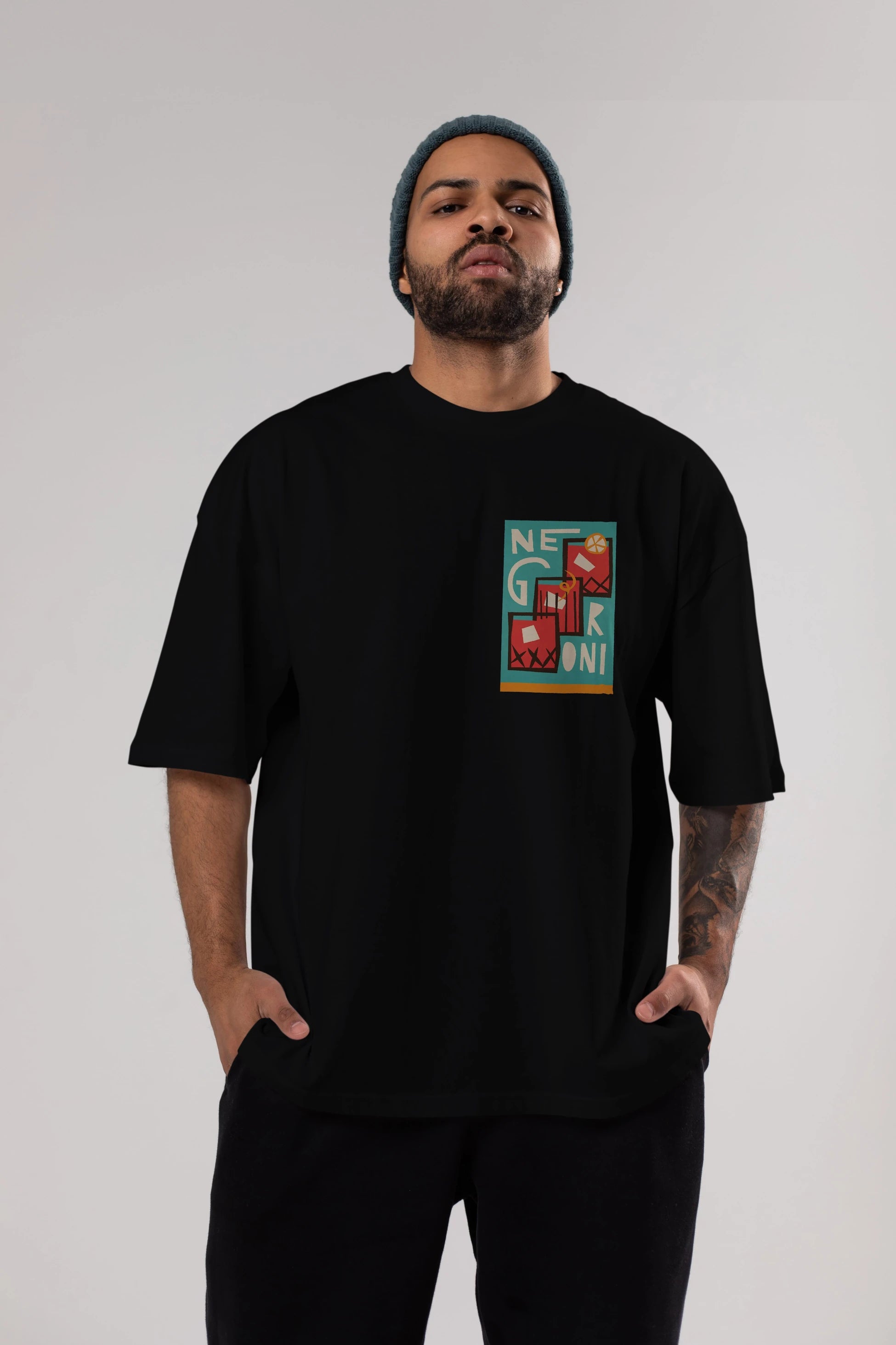 Negroni 3 Ön Sol Baskılı Oversize t-shirt Erkek Kadın Unisex %100 Pamuk Bisiklet Yaka tişort