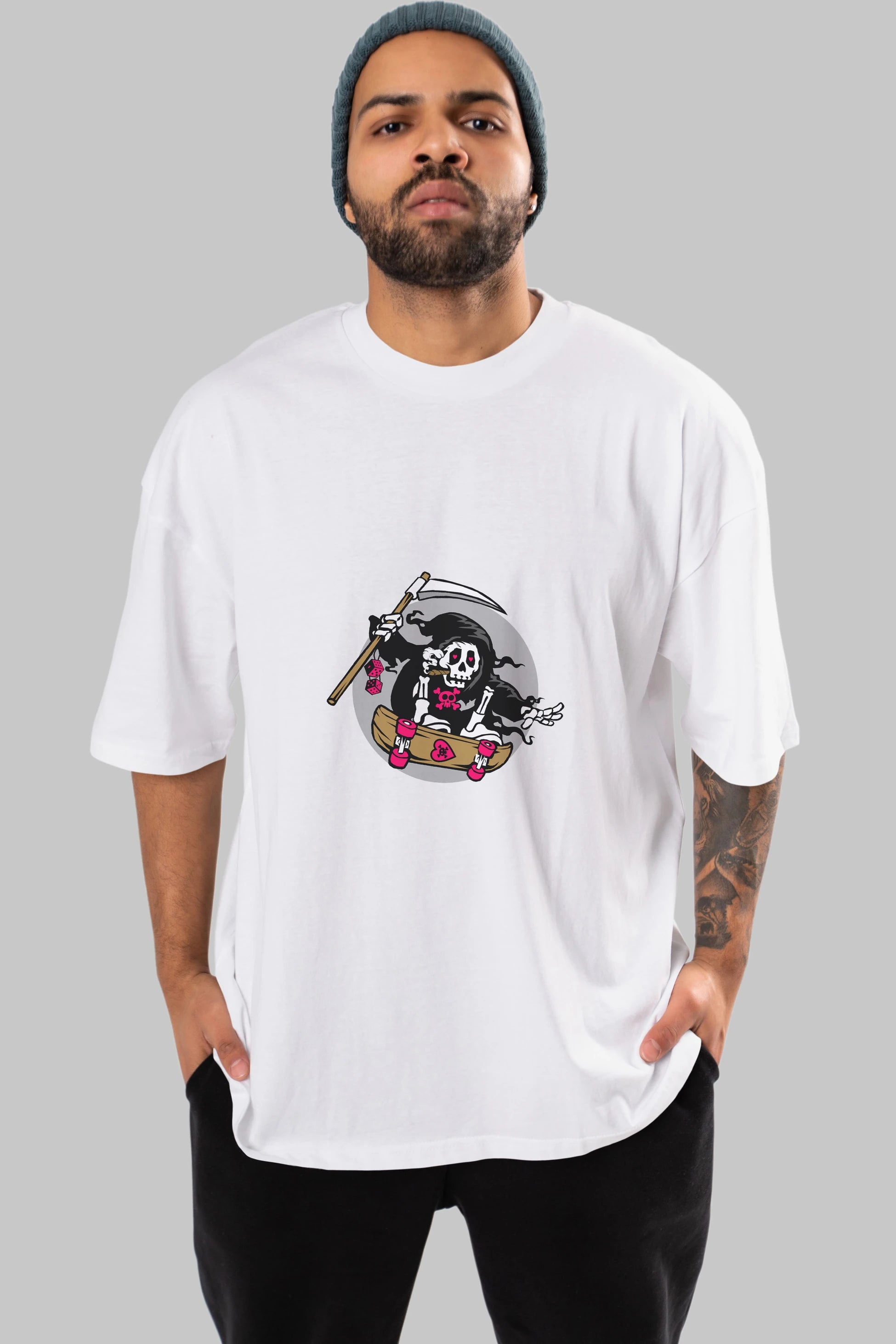 Grim Skater Ön Baskılı Oversize t-shirt Erkek Kadın Unisex %100 Pamuk tişort