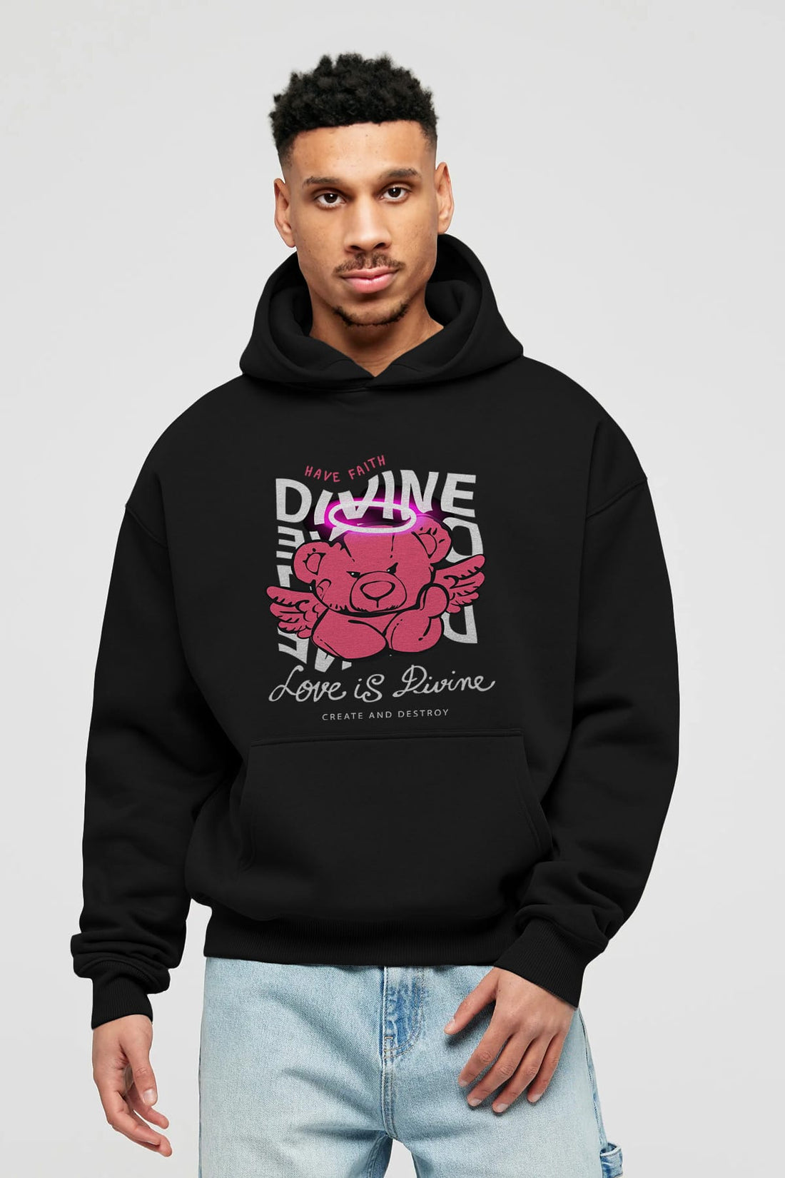 Love is Divine Bear Ön Baskılı Hoodie Oversize Kapüşonlu Sweatshirt Erkek Kadın Unisex