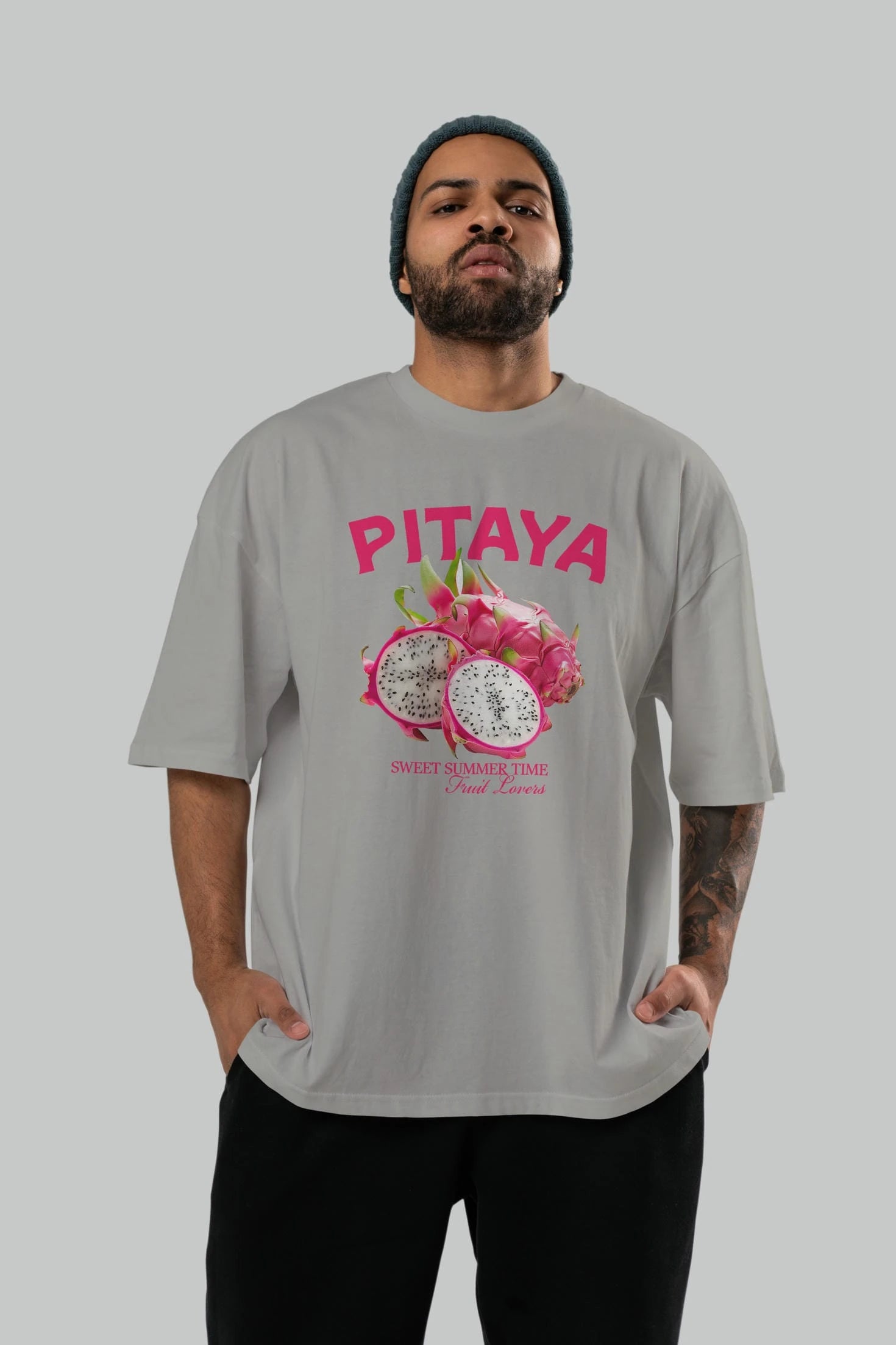 Pitaya Ön Baskılı Oversize t-shirt Erkek Kadın Pamuk Bisiklet Yaka tişort