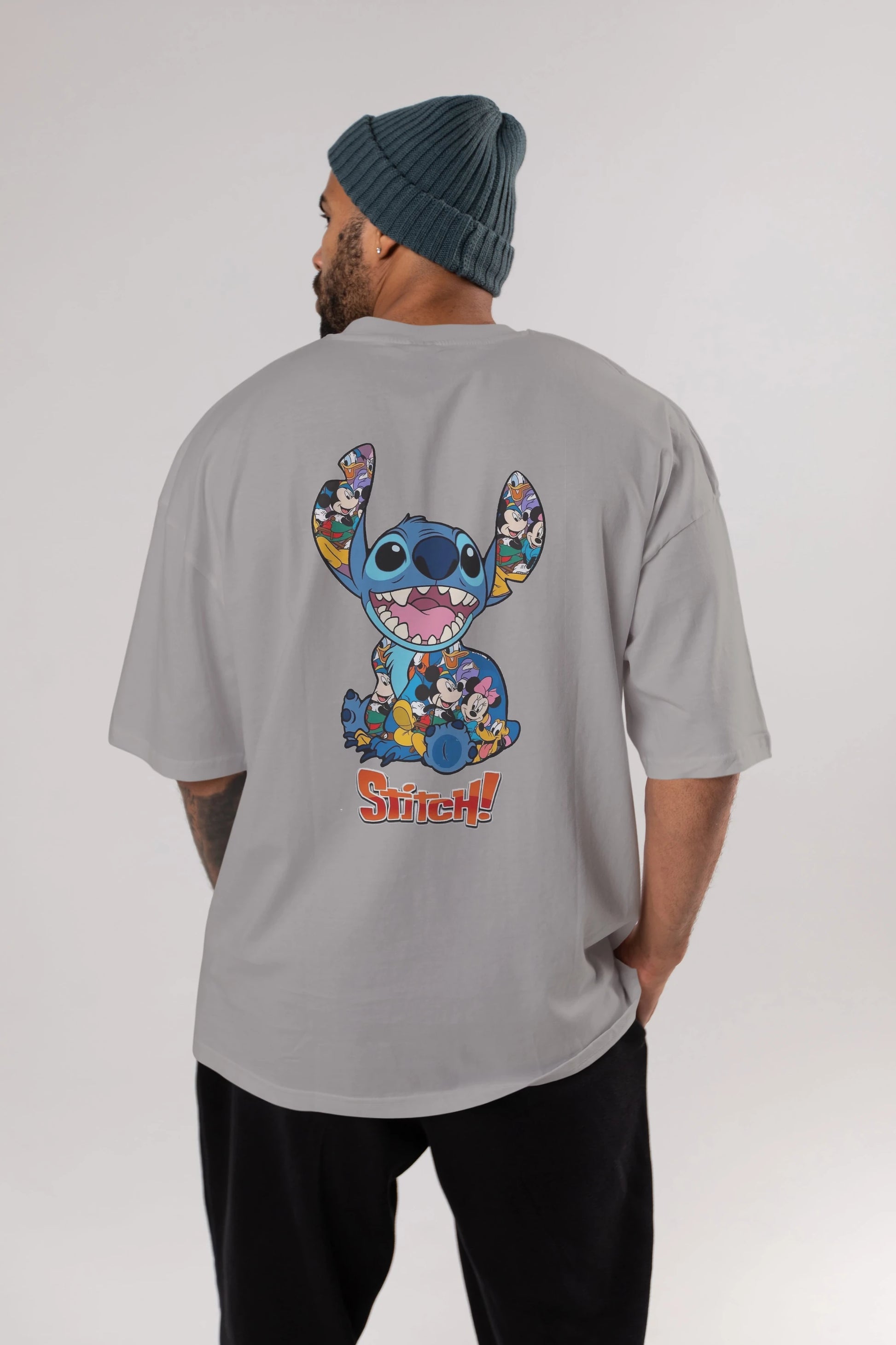 Stitch Arka Baskılı Oversize t-shirt Erkek Kadın Unisex %100 Pamuk Bisiklet Yaka tişort