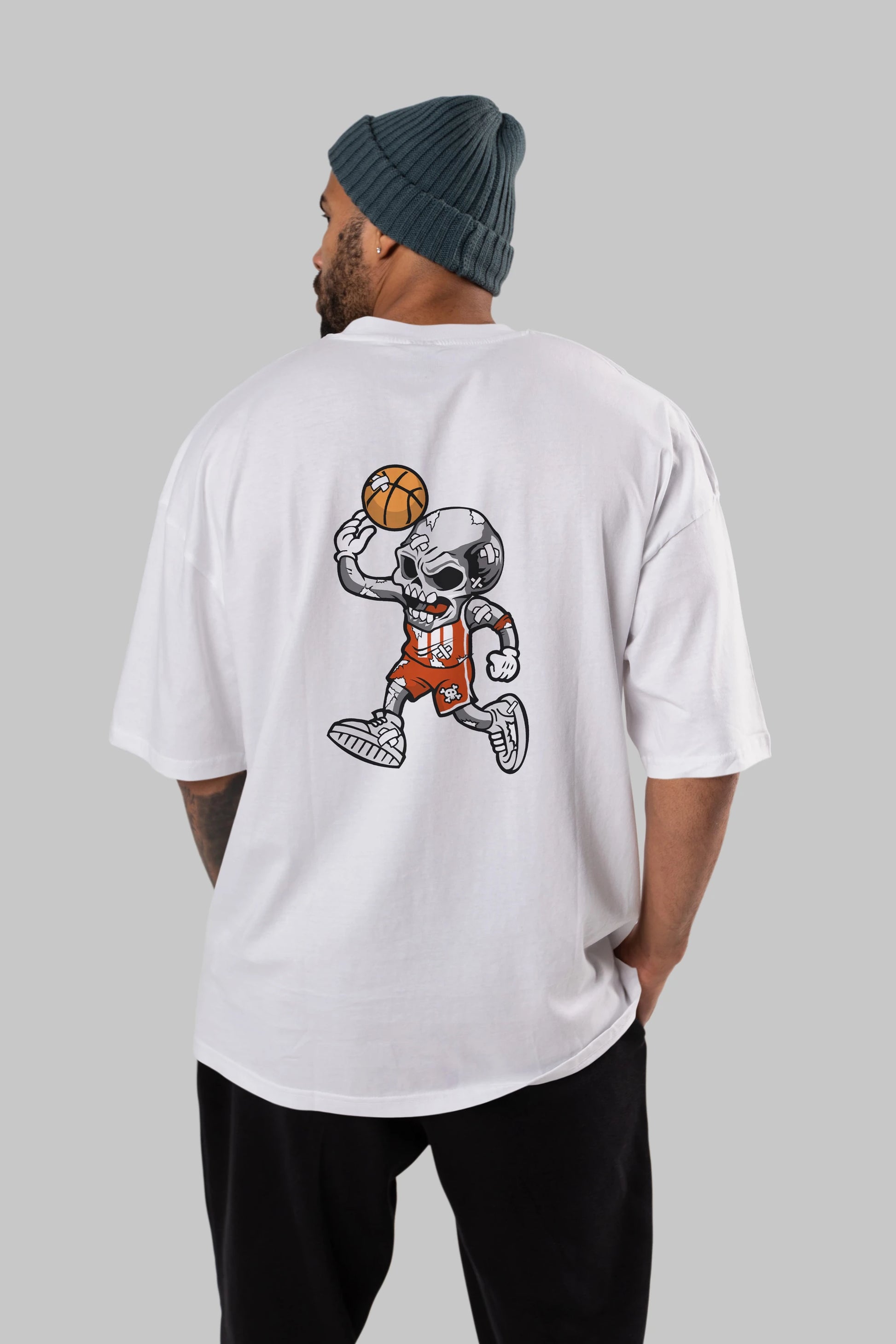 Skull Basketball Arka Baskılı Oversize t-shirt Erkek Kadın Unisex %100 Pamuk tişort